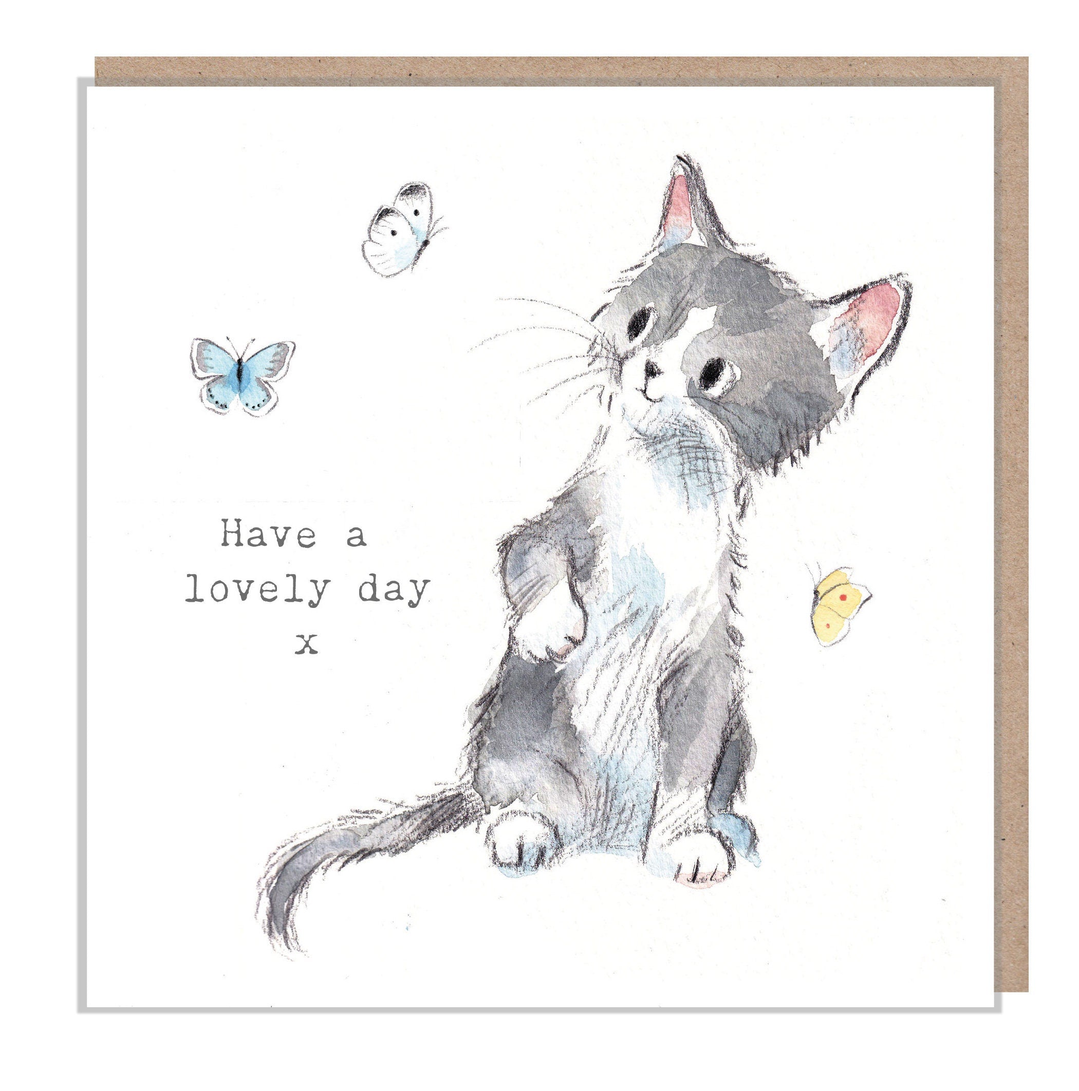 Cat card - have a lovely day - Charming illustration -'Pawsitively Purrect' range- Grey Cat with butterflies - Made in UK-EPP08