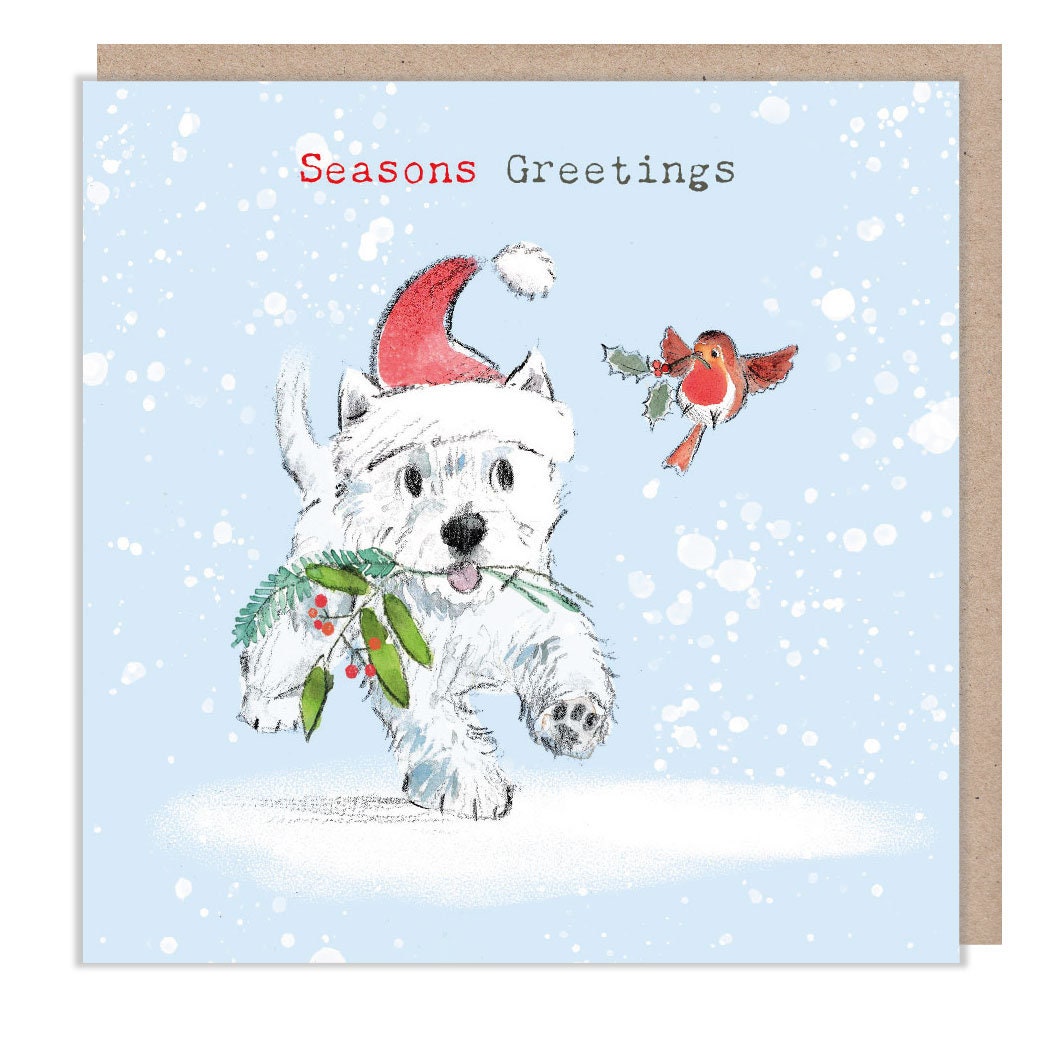 Seasons Greetings - Quality Christmas Card - 150 x 150 mm - Charming Westie illustration - 'Absolutely barking' range - Made in UK -  ABX113