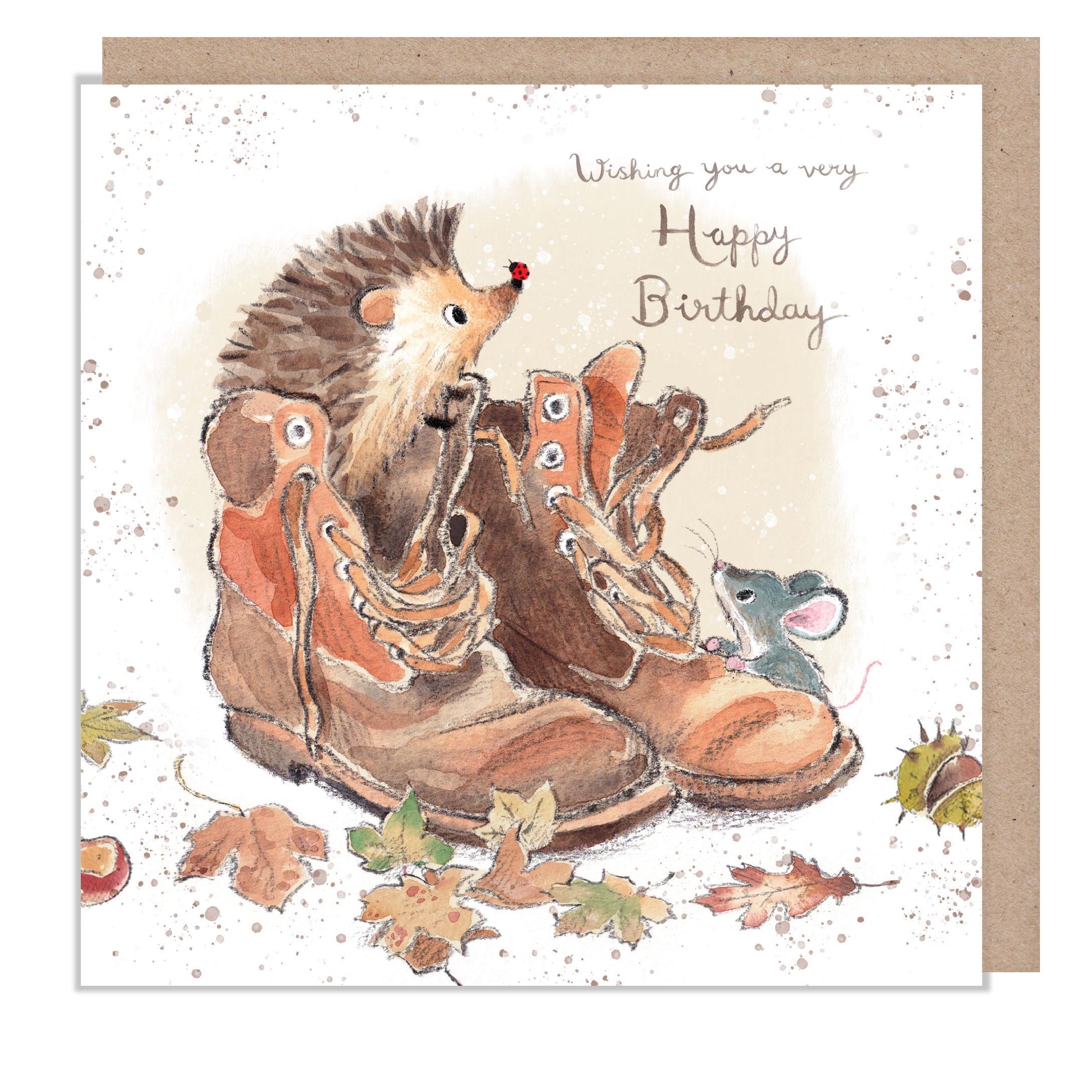 Birthday Card - Quality Card - Charming illustration - Hedgehog with Brown Boots - 'Morris and Maude' range - Made in UK -  MME09