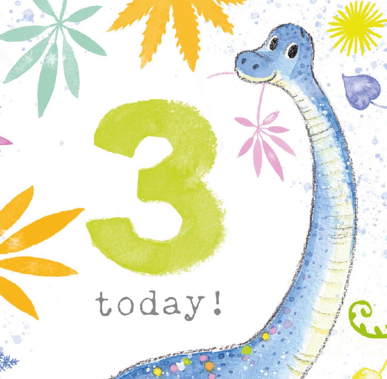 Kids Birthday Card - Age 3 - 'Totally Roarsome' range - Cute Dinosaur illustration - Diplodocus - TR03