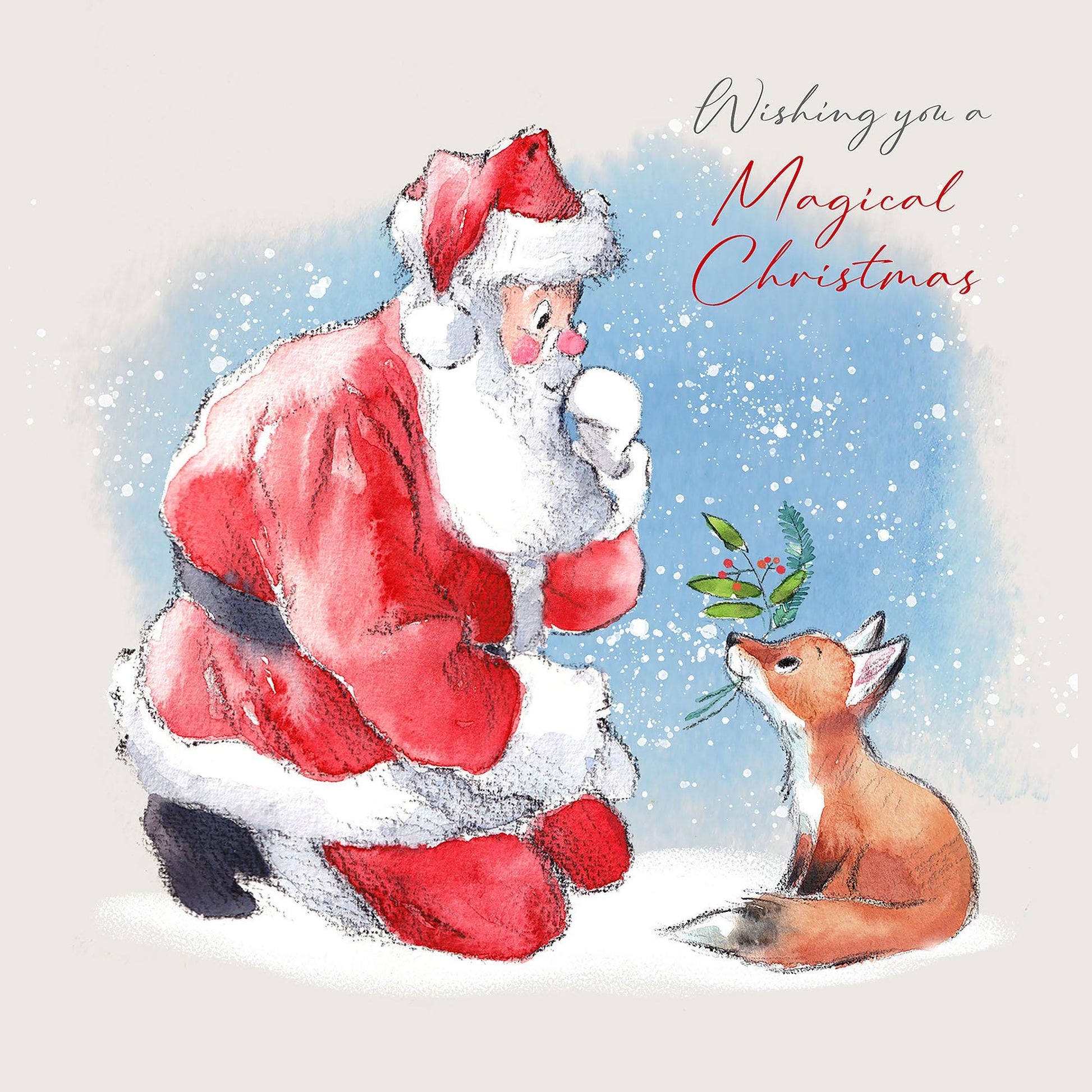 Christmas Card pack 5 small quality cards with brown recycled envelopes -125 x 125mm-  one design - Santa and Fox - XPACK012