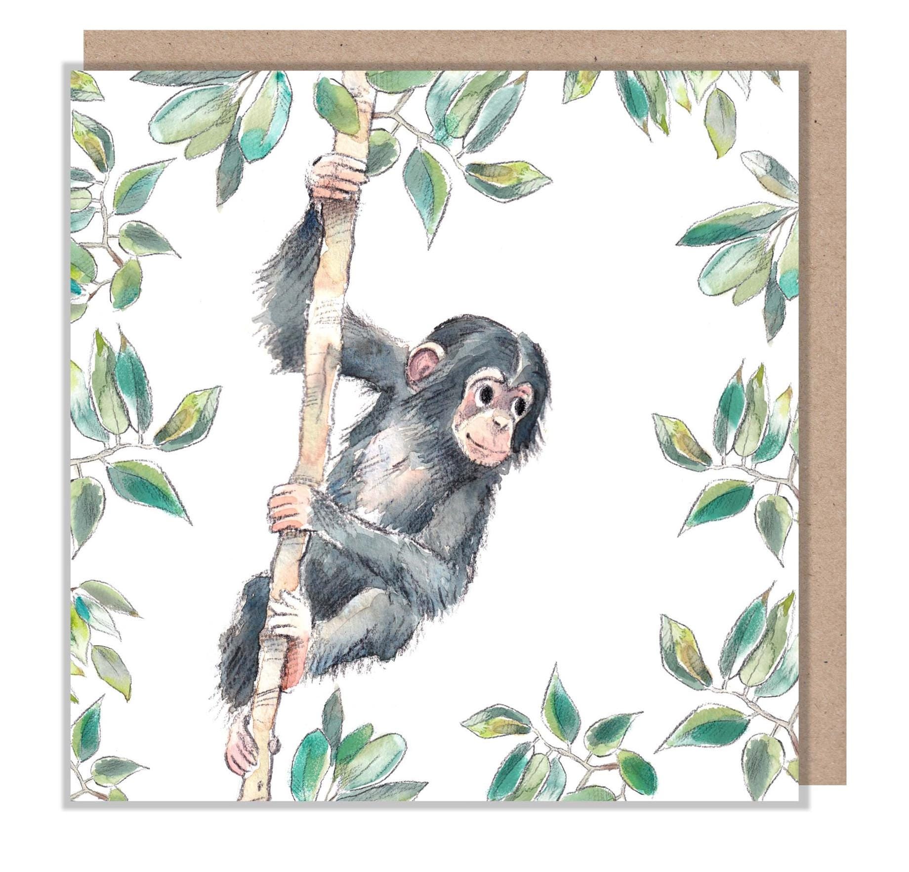 Chimpanzee Blank Card - Charming illustration - Climbing chimp - 'Wonderfully Wild'  range - Made in UK -  WWE032