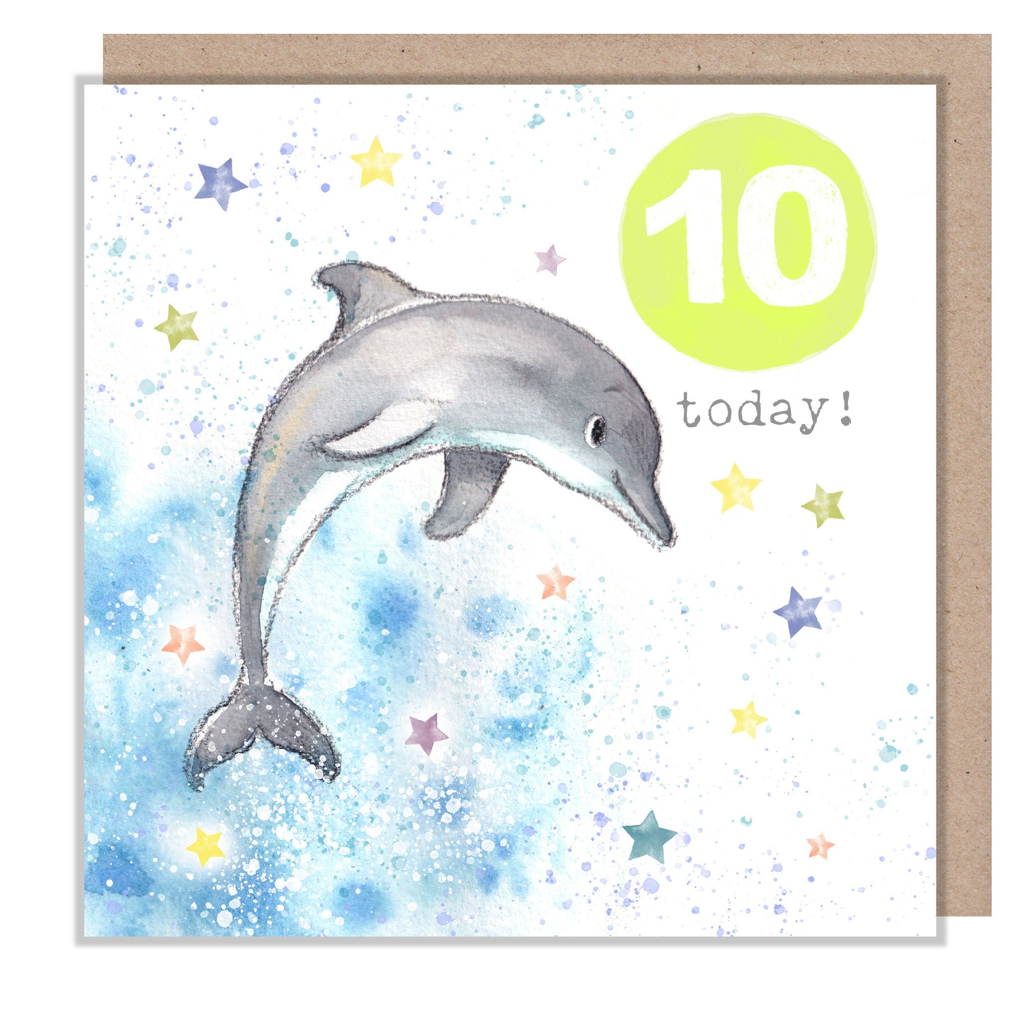 AGE 10 Birthday Card -  Charming illustration - Dolphin,  'Party Time'  range - Made in UK -  PTAGE010