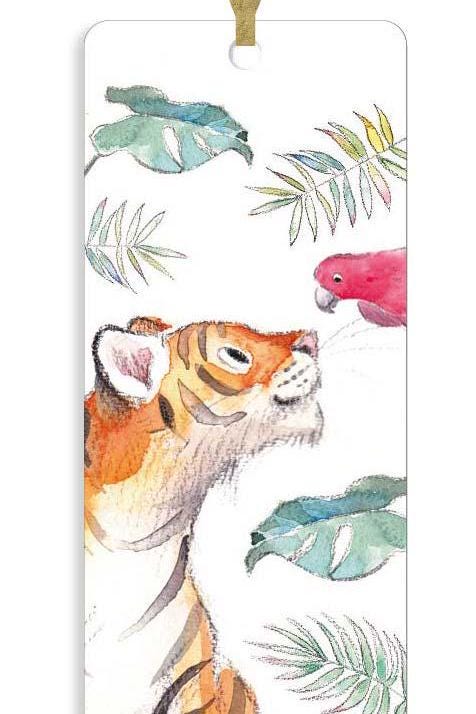 Bookmark with Ribbon - Tiger with Parrott and foliage Illustration BM03