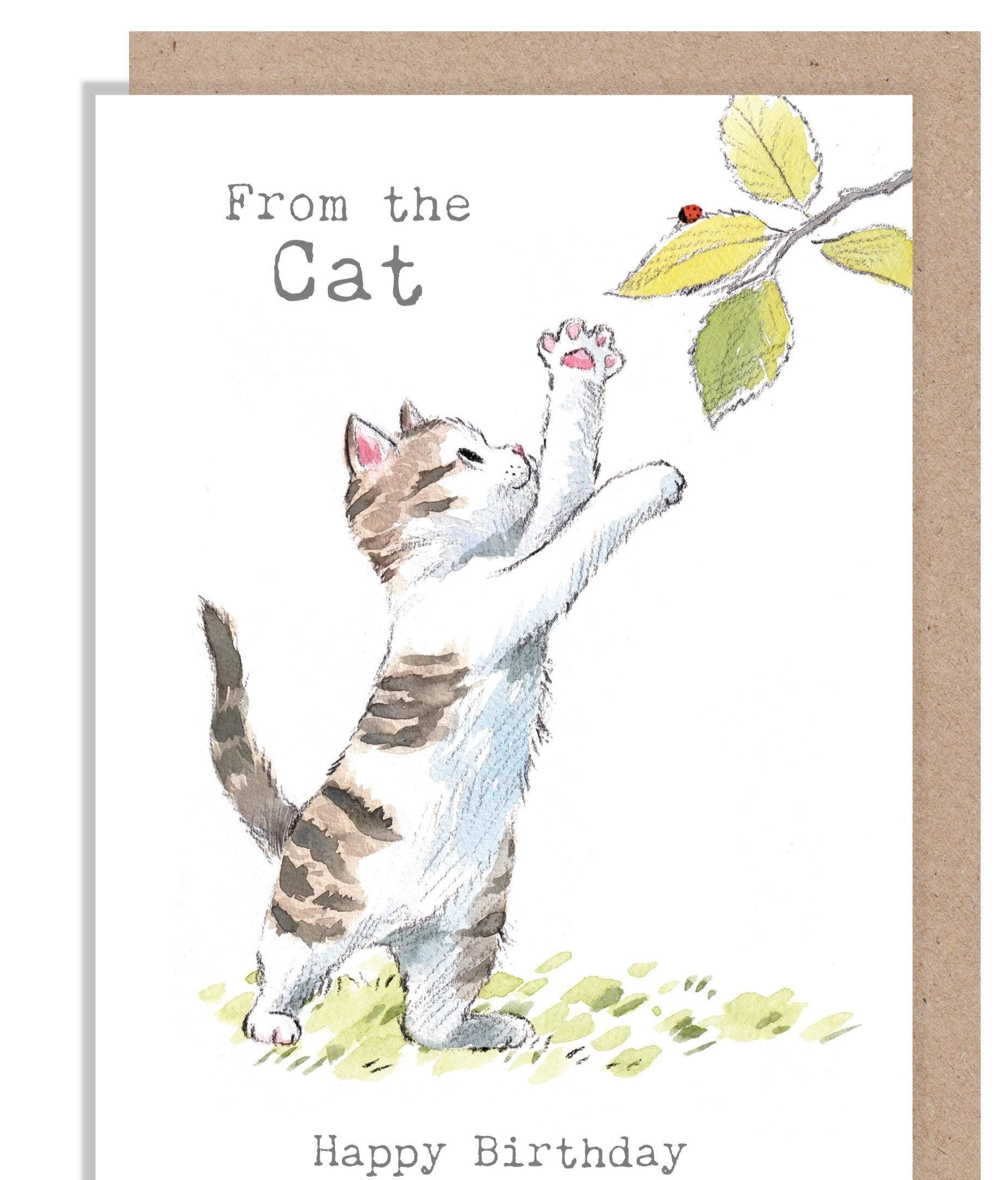 From the Cat Birthday Card - Charming illustration - 'pawsitively Purrrfect' range - Cat with leaves - Made in UK- EPP031