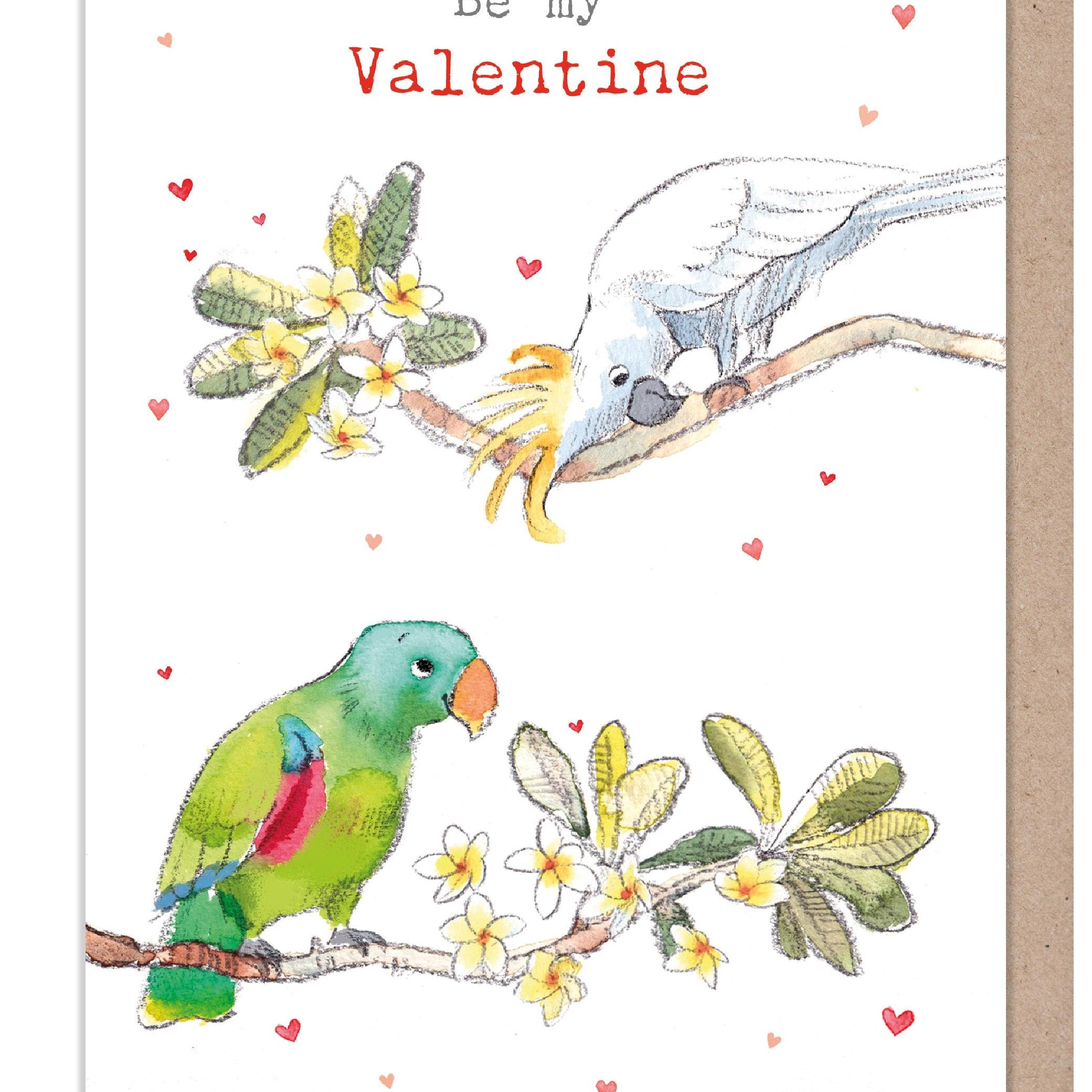 Valentines Card - Charming illustration - Parrots in tree - 'Wonderfully Wild'  range - Made in UK -  WWVAL02