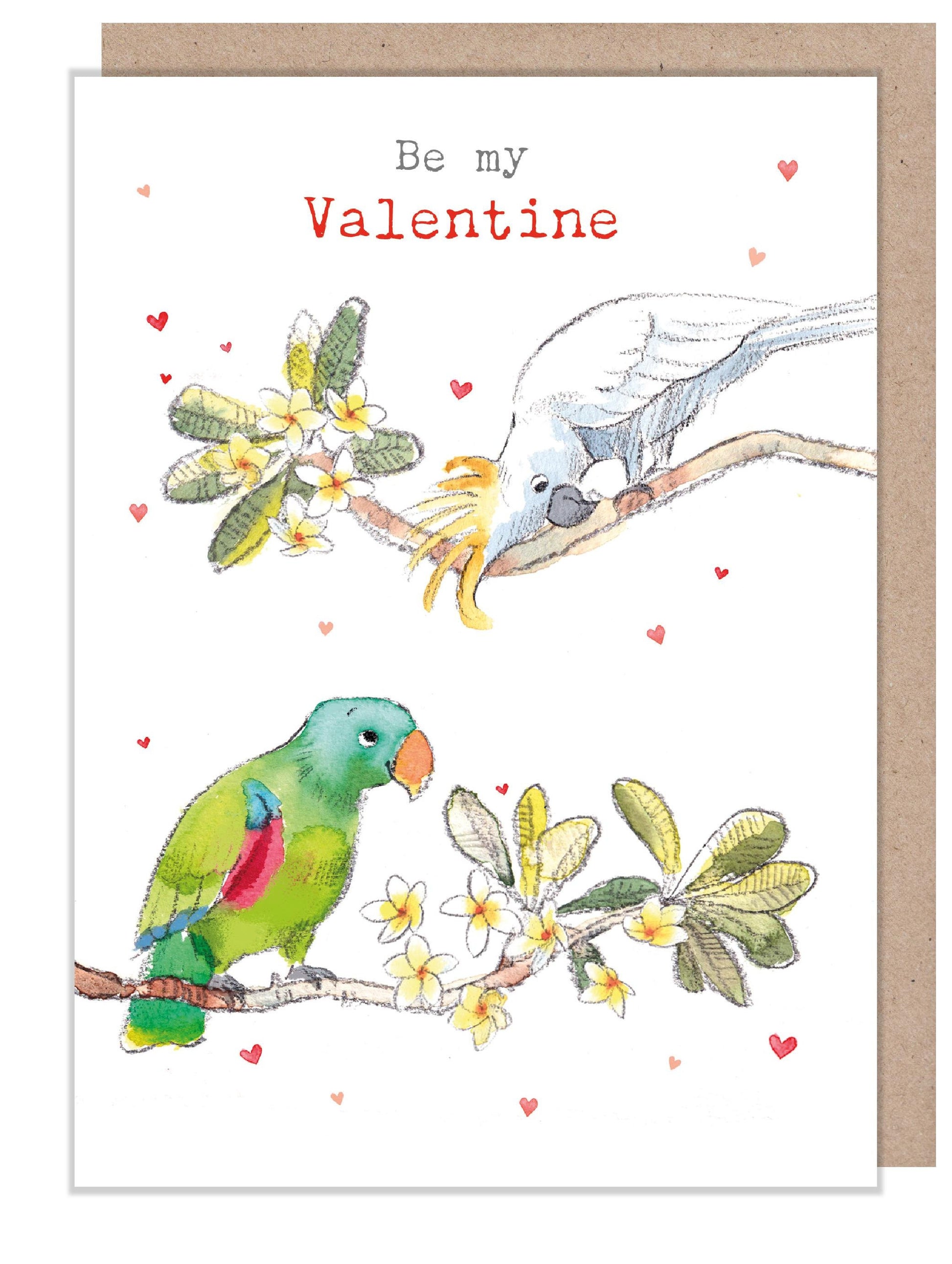 Valentines Card - Charming illustration - Parrots in tree - 'Wonderfully Wild'  range - Made in UK -  WWVAL02