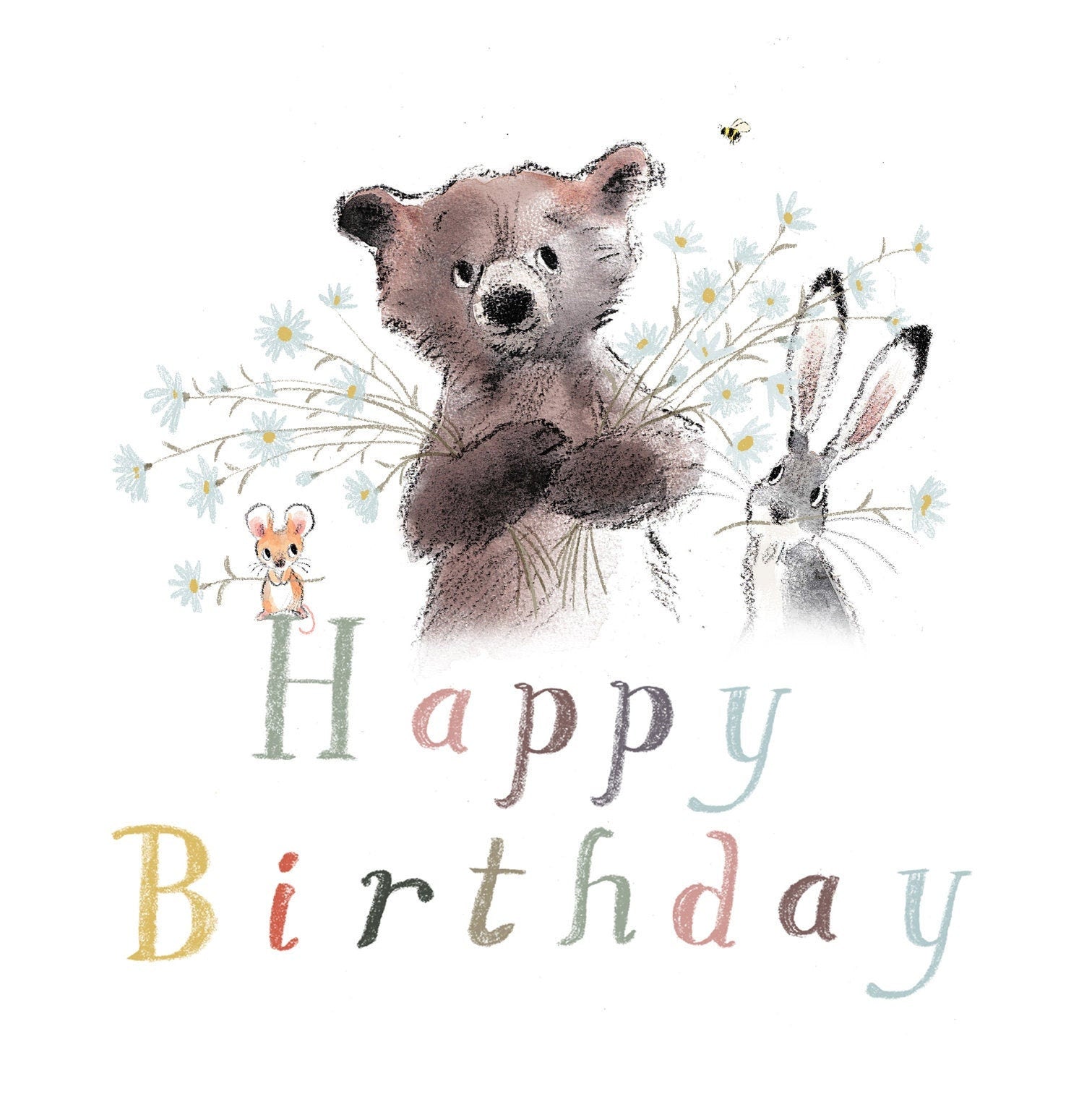 Happy Birthday, Quality Greeting Card, 'the Bear, the Hare, and the Mouse' , heart warming Illustrations, made in UK, no plastic, BHME05