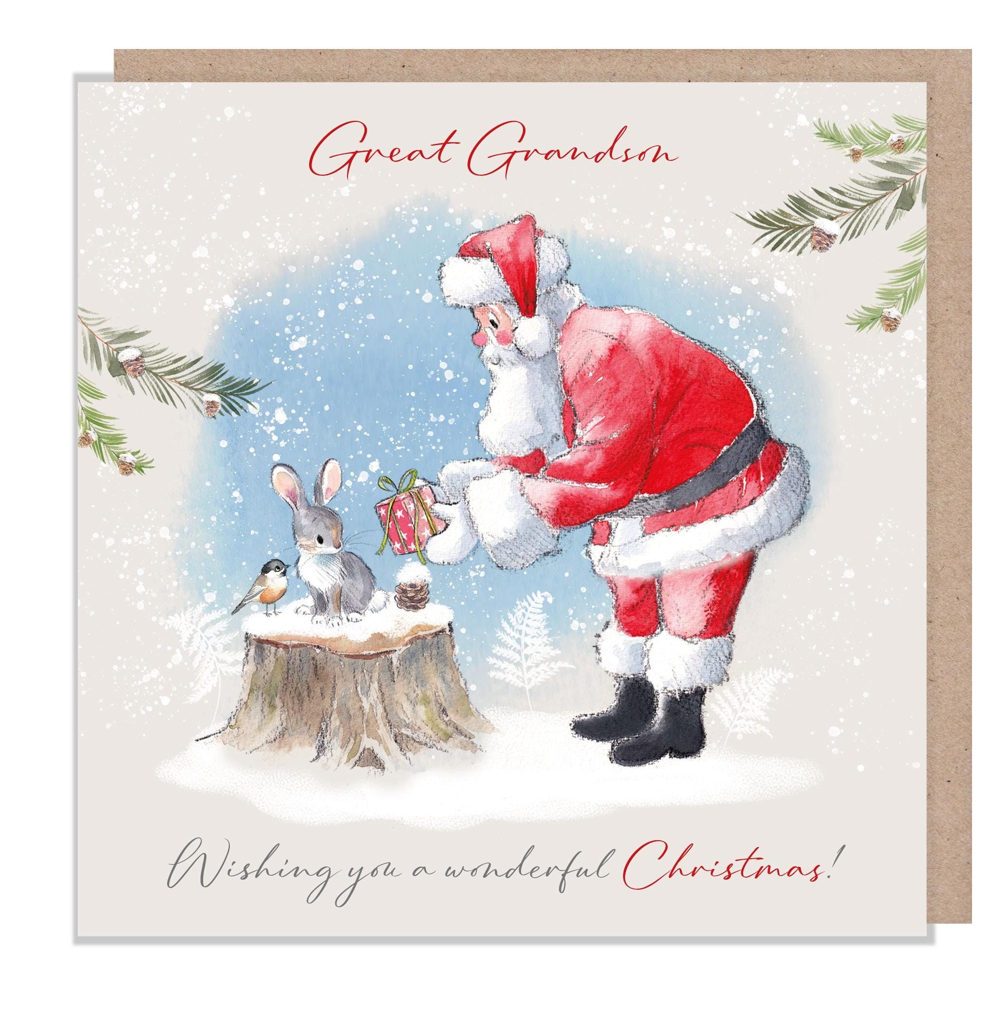 Great Grandson  - Quality Christmas Card -150 x 150mm - Santa with parcel illustration - 'Wintery Tails'  range - Made in UK - WT017