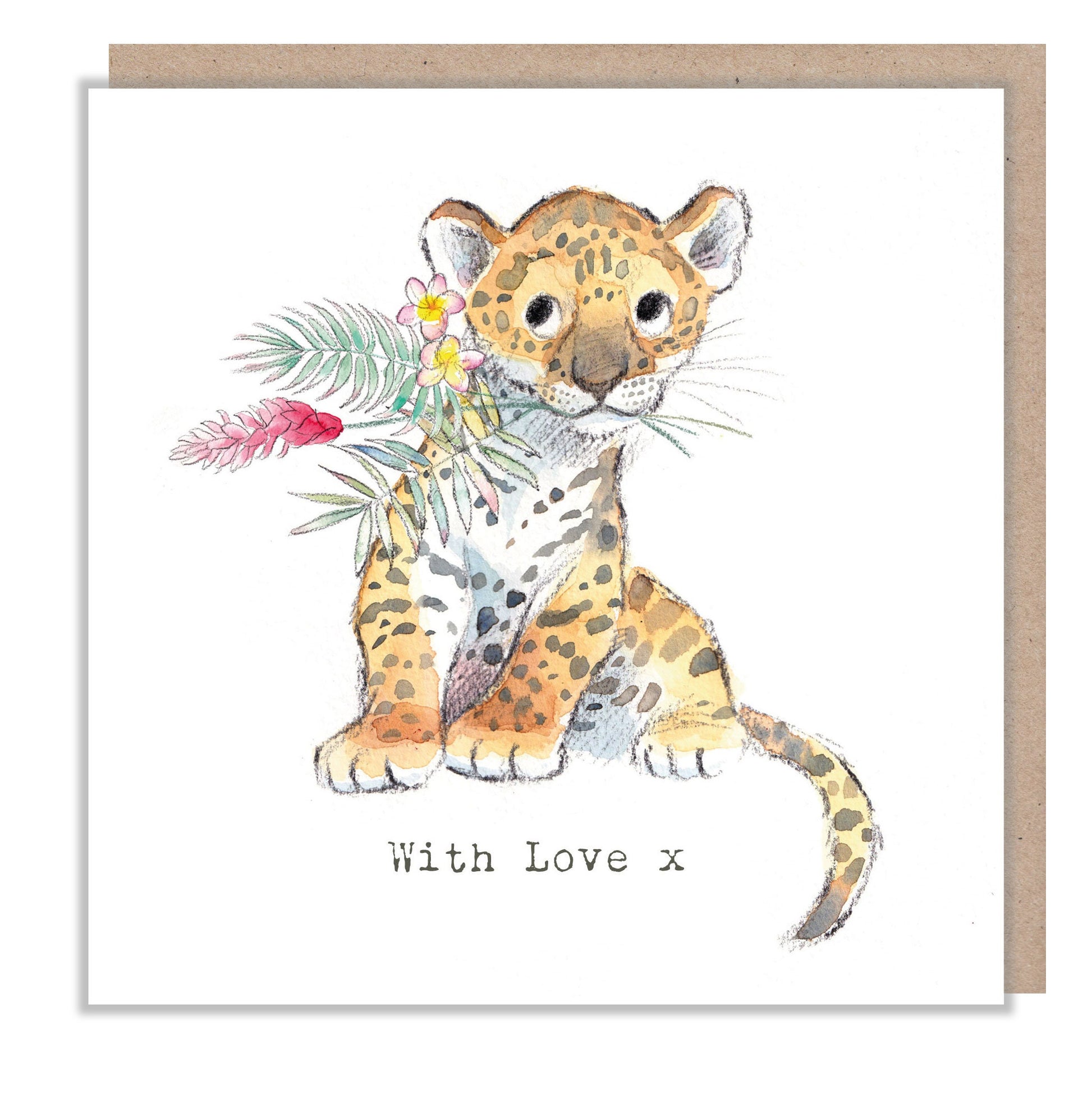 Leopard  Greeting Card - Charming illustration - Leopard with Ginger flower - 'Wonderfully Wild'  range - Made in UK -  WWE011