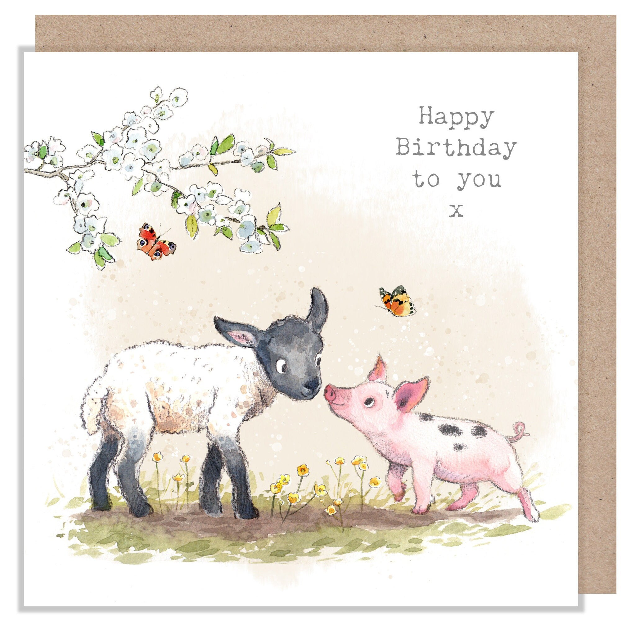 Birthday Card - Quality Greeting Card - Charming illustration - 'Buttercup Farm' range - lamb and Piglet - Made in UK -  BF05
