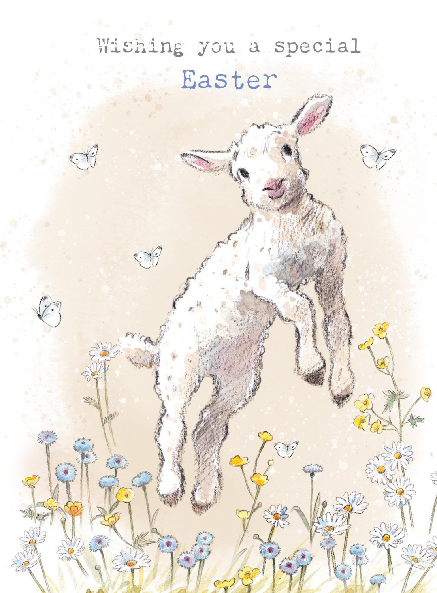 Jumping Lamb Easter Card: 'Buttercup Farm' Illustration