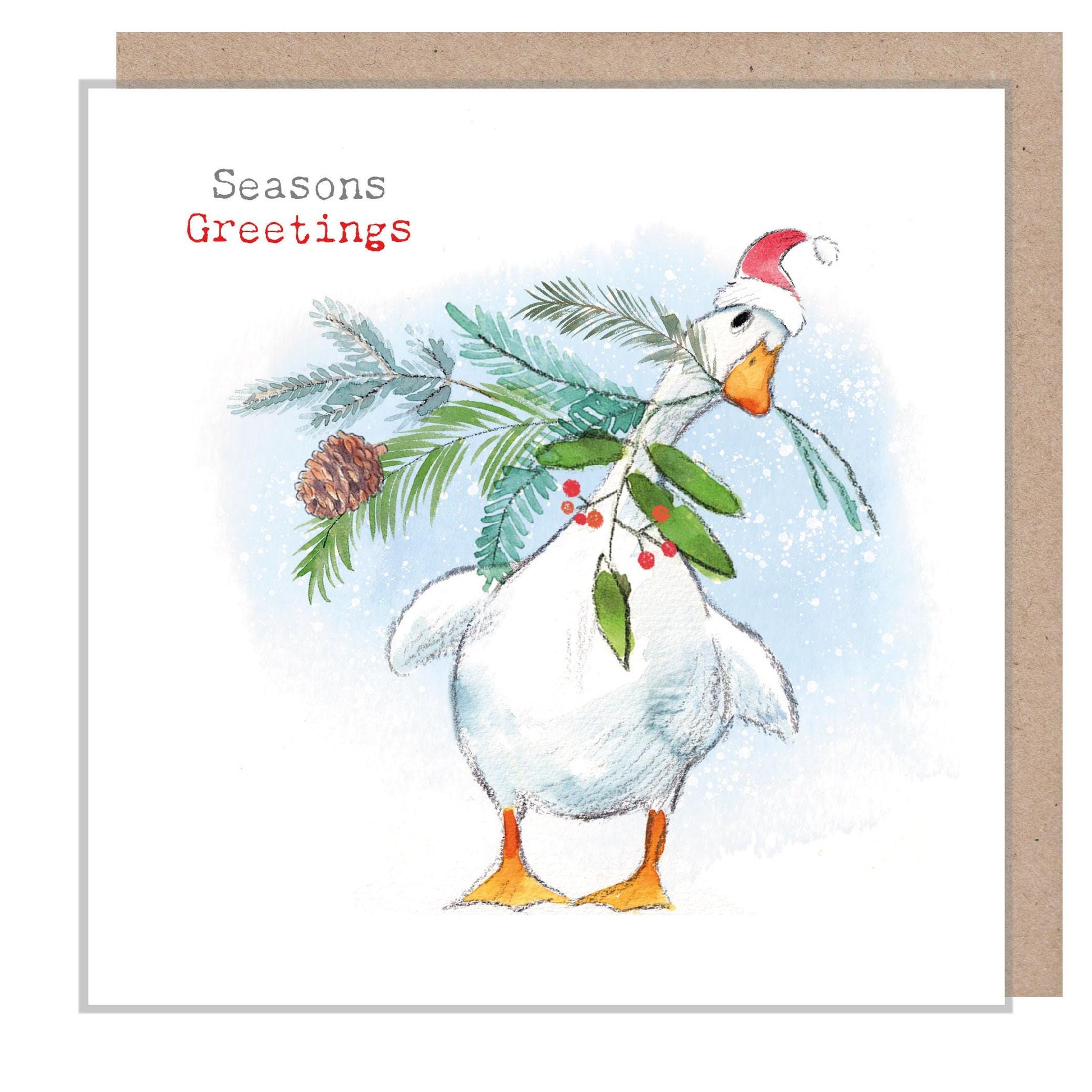 Quality Christmas Card- Seasons Greetings - White Duck and Foliage Illustration - 'Down by the river' range - Made in UK -  RIVX01