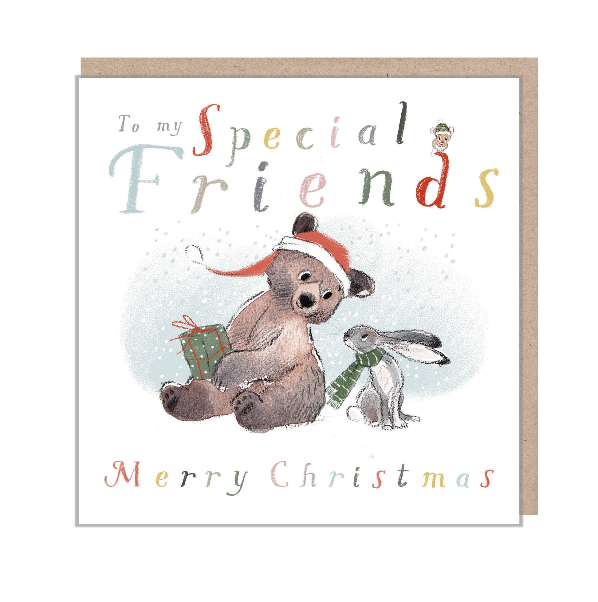 Special Friends, Quality Christmas Card, 'the Bear, the Hare, and the Mouse', Cute heart warming  Bear Illustration, made in UK, BHMX04