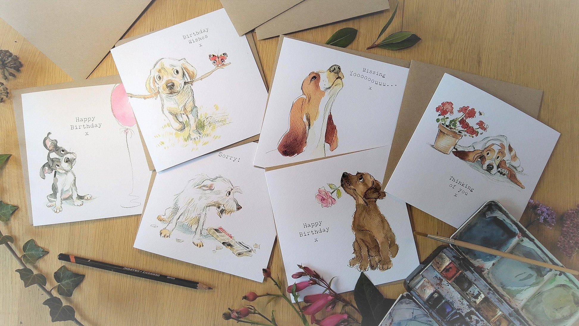 Daughter Birthday Card - Charming Dog illustration - 'Absolutely barking' range - Grey Puppy with Sunflower - Made in UK -  ABE115