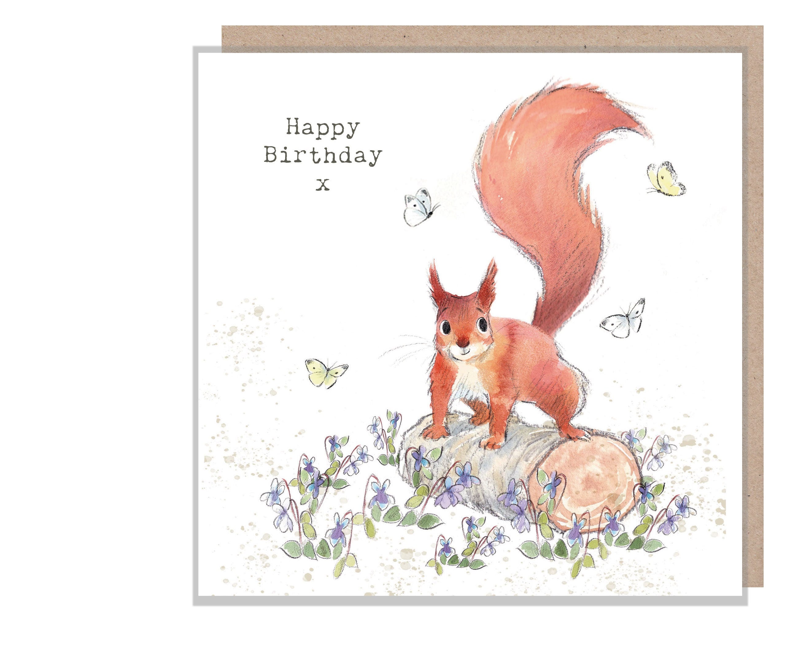 Squirrel  Birthday Card - Quality Card - Charming illustration - Red Squirrel with Violets  - 'Bucklebury Wood'  range - Made in UK -  BWE05