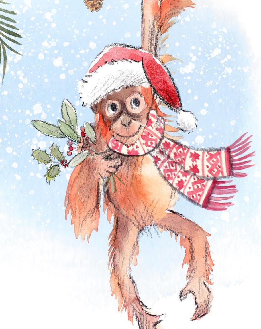 Christmas Card pack - 5 small quality cards with brown recycled envelopes -125 x 125mm-  one design - Cute Orangutan -  XPACK010