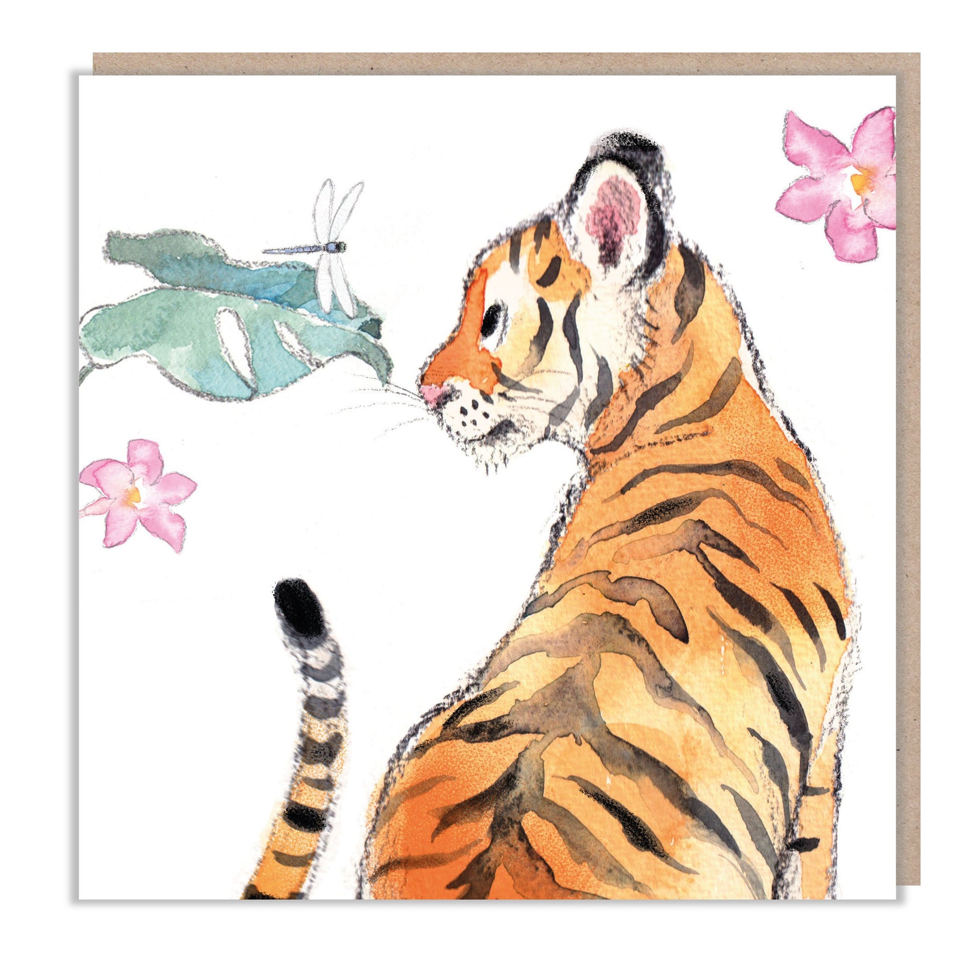 Blank Card - Charming illustration - Tiger and dragonfly - 'Wonderfully Wild'  range - Made in UK -  WWE013
