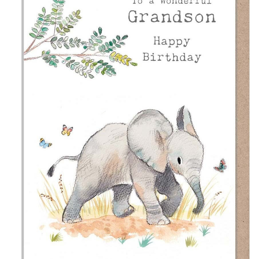 Grandson Birthday Card - Charming illustration - Elephant - 'Wonderfully Wild'  range - Made in UK -  WWE020