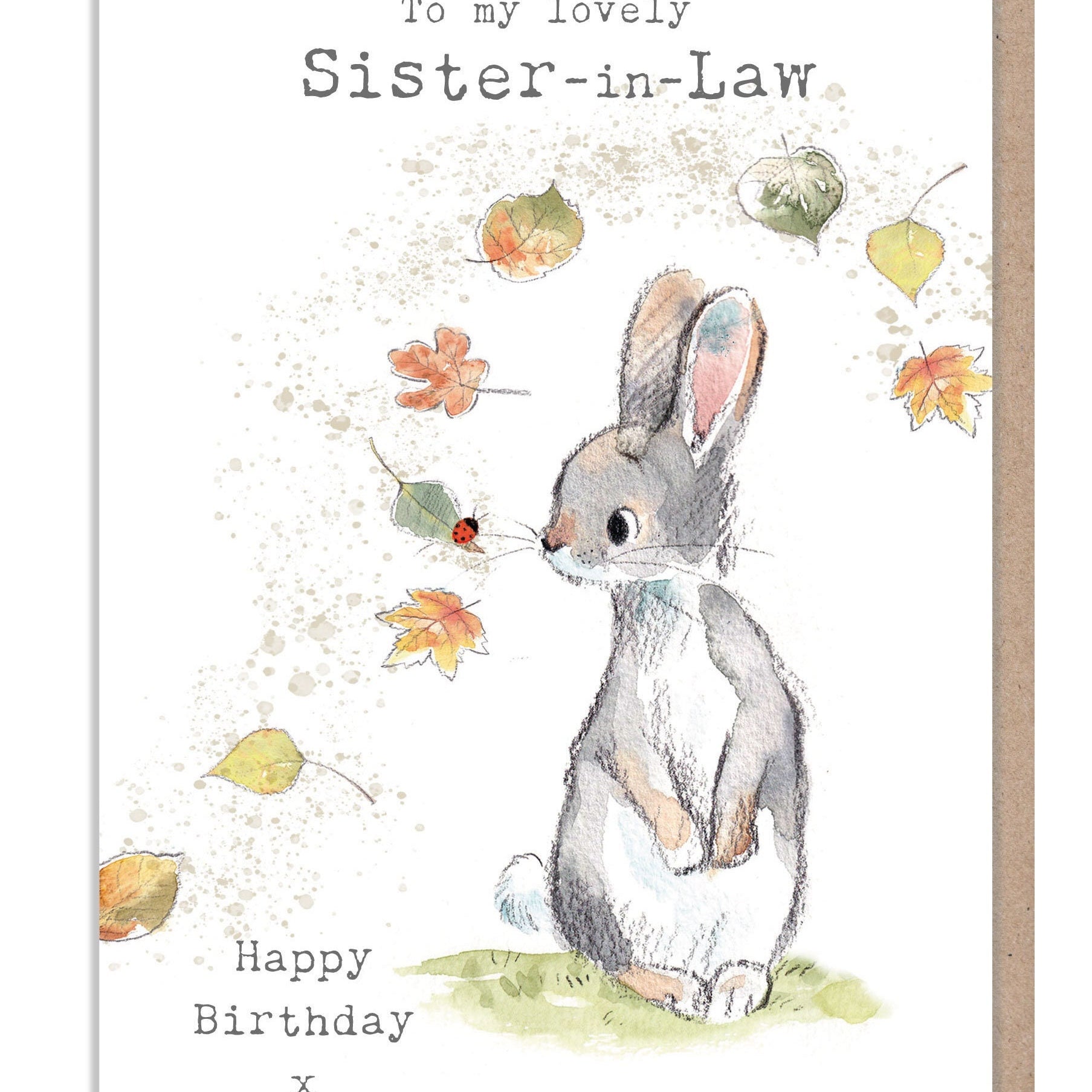 Sister-in-Law Birthday card - Cute Rabbit with leaves and lady bird Illustration - BWE024