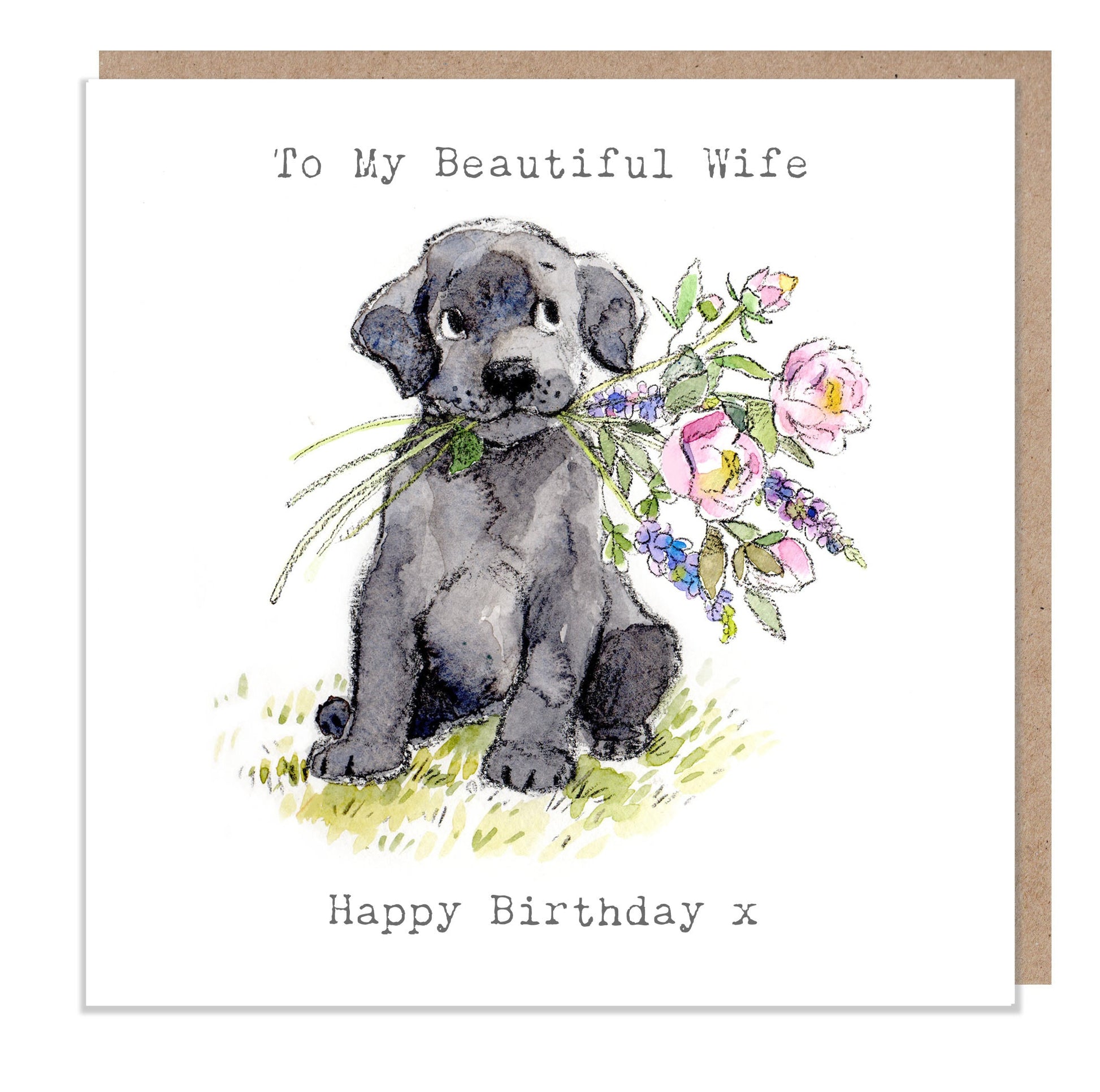 Wife Birthday Card: Labrador Dog with Flowers Illustration