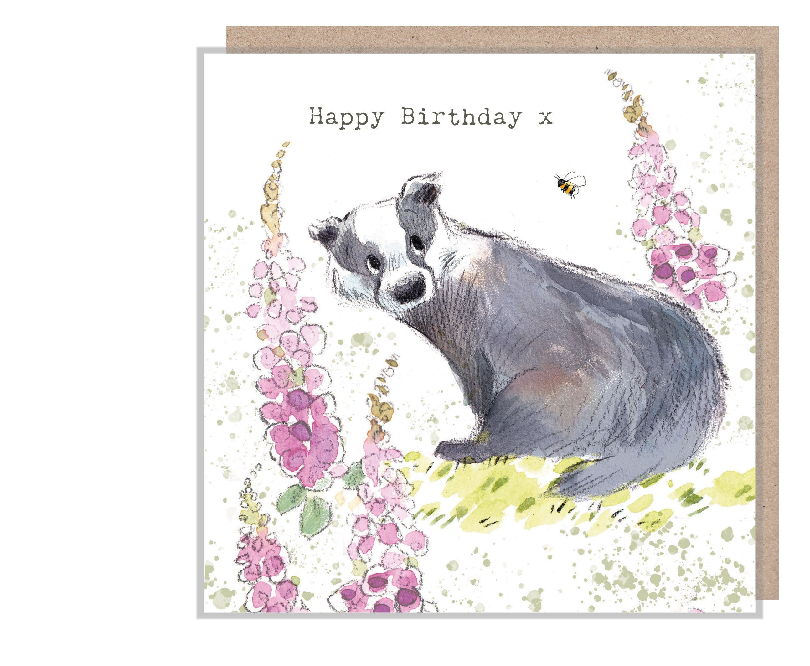 Badger Birthday Card - Quality Card - Charming illustration - Badger with Foxgloves - 'Bucklebury Wood'  range - Made in UK -  BWE07