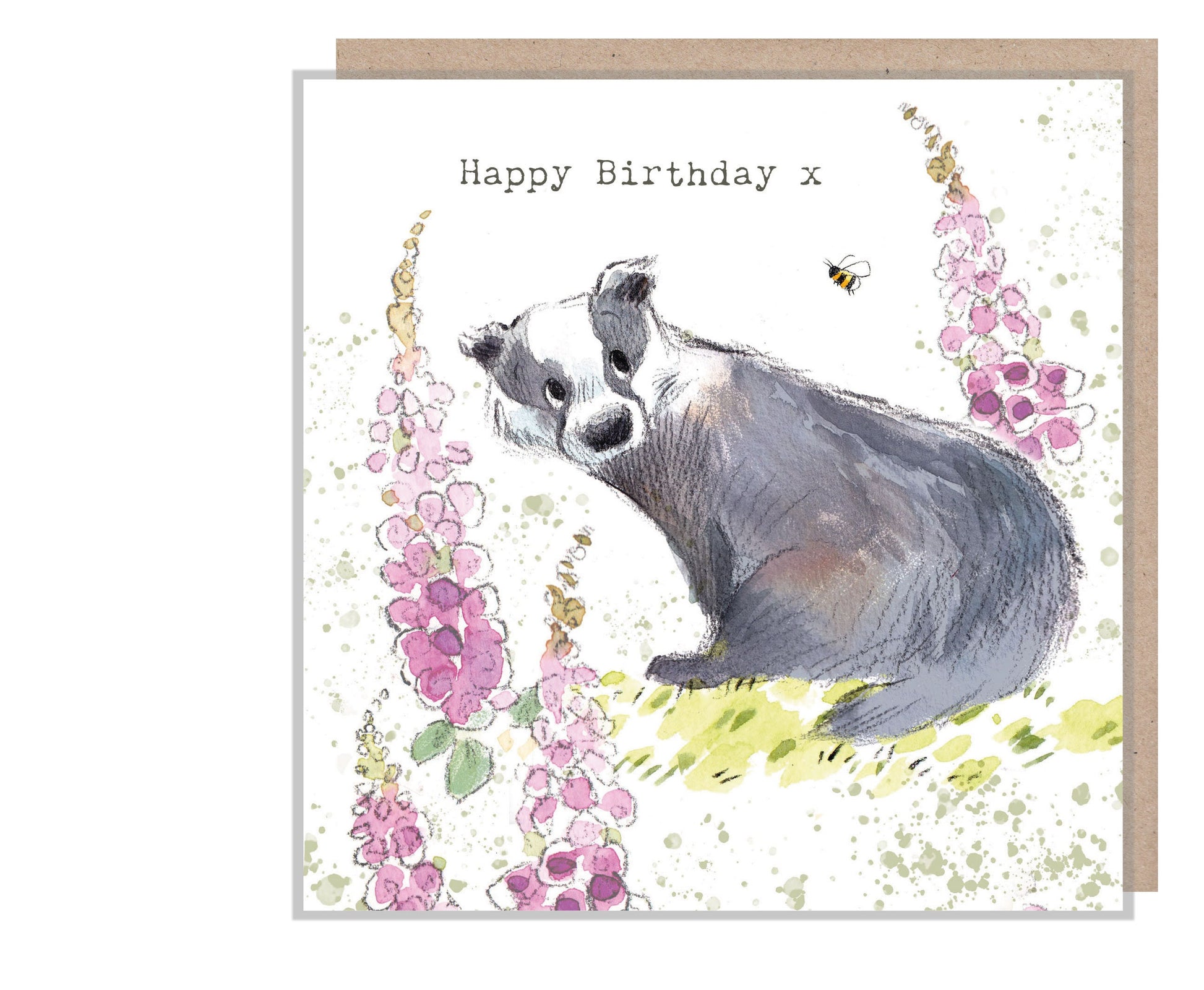 Badger Birthday Card - Quality Card - Charming illustration - Badger with Foxgloves - 'Bucklebury Wood'  range - Made in UK -  BWE07