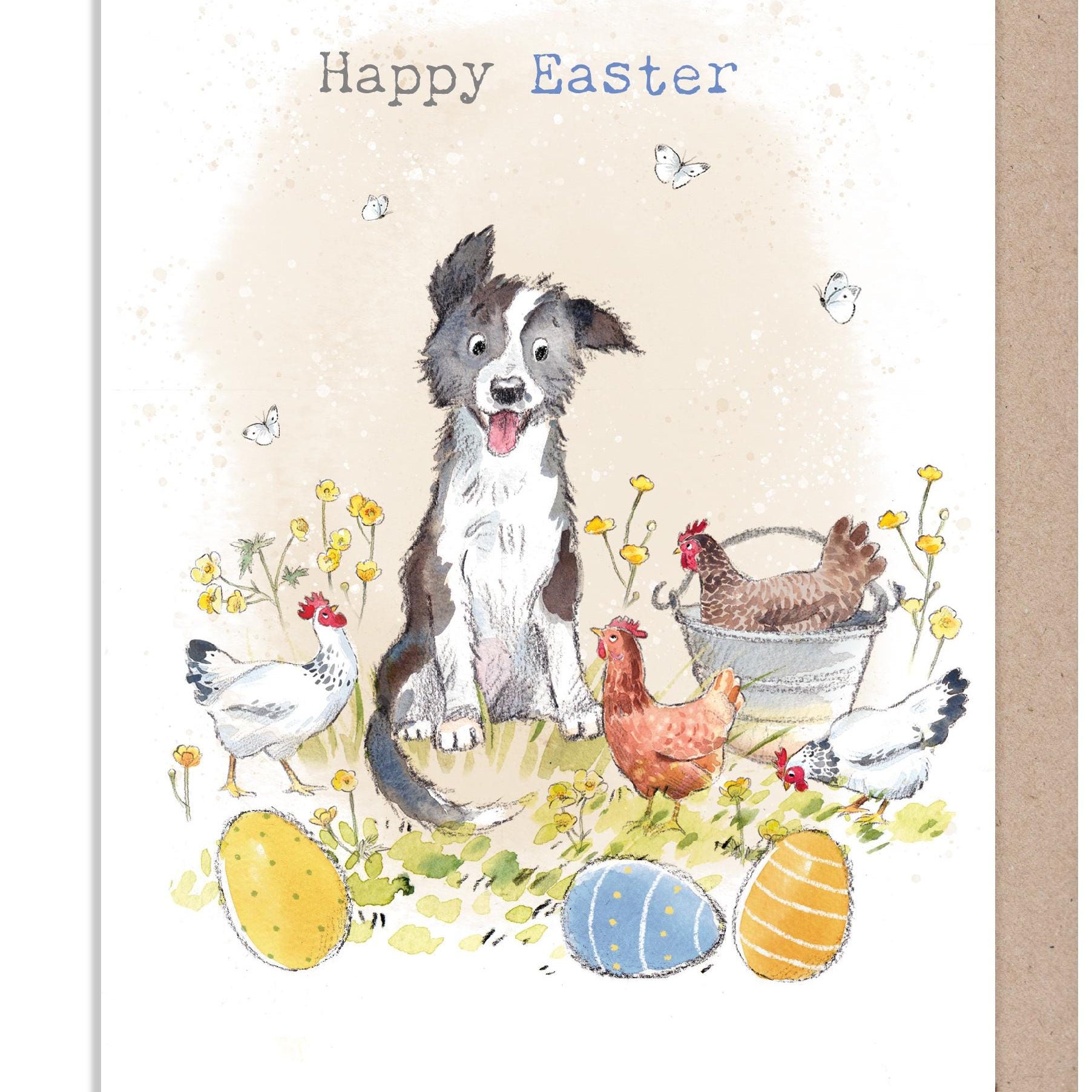 Easter Card - Quality Greeting Card - Charming illustration - 'Buttercup Farm' range - Collie Dog and hens  - Made UK -  BFEASTER03