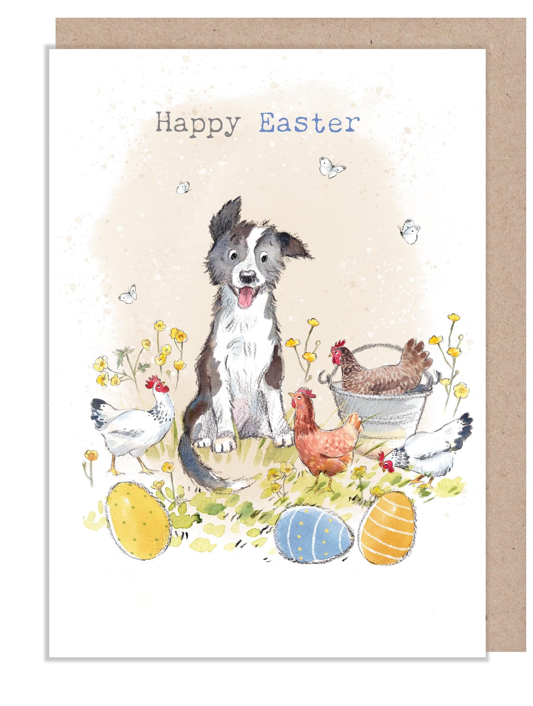 Easter Card - Quality Greeting Card - Charming illustration - 'Buttercup Farm' range - Collie Dog and hens  - Made UK -  BFEASTER03