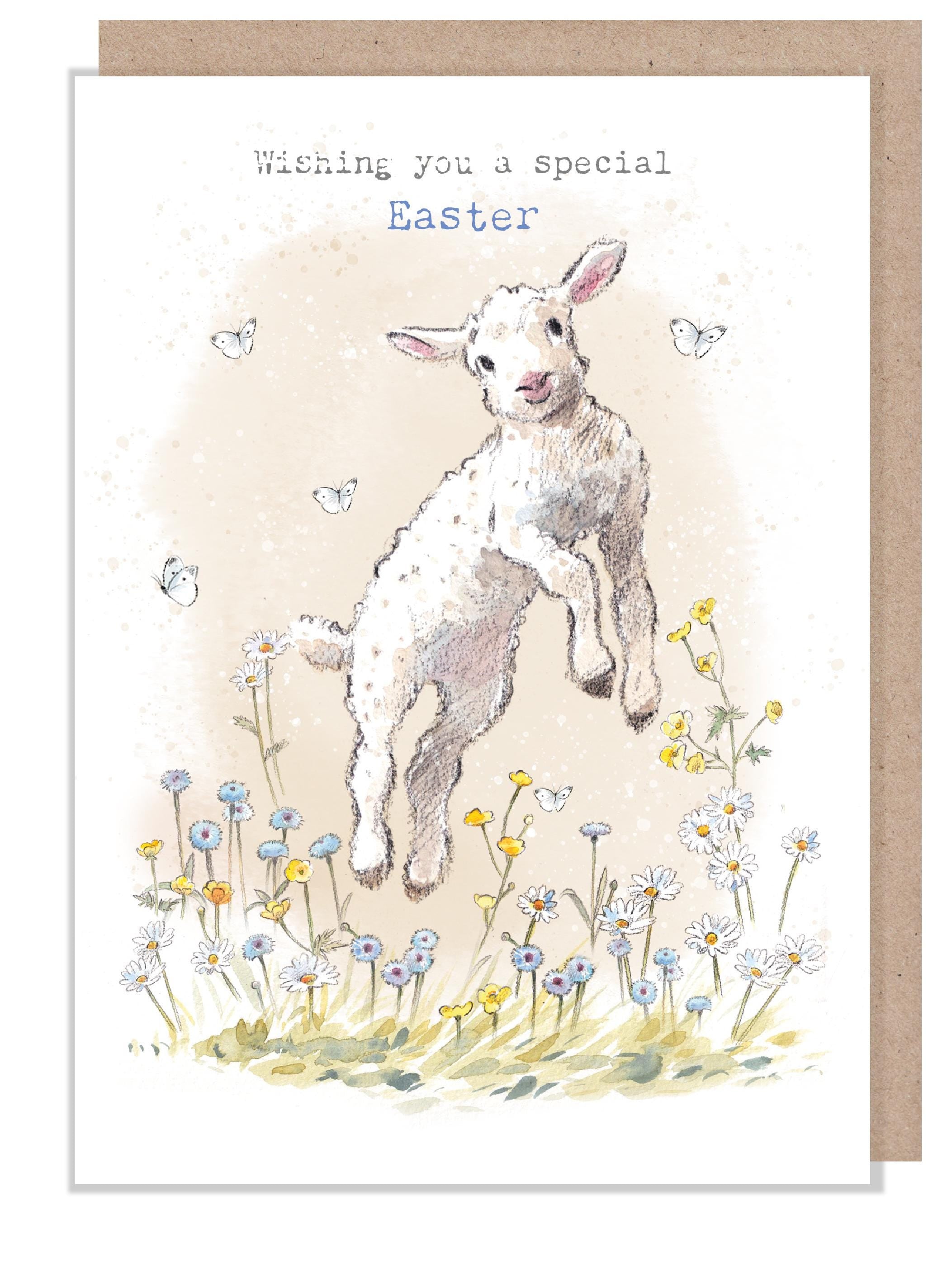 Jumping Lamb Easter Card: 'Buttercup Farm' Illustration