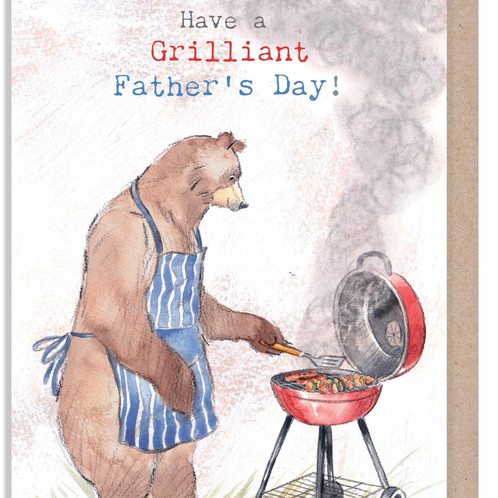 Fathers Day Card, Quality Greeting Card, Bear cooking on BBQ 'Hey Bear' range, Fun hand drawn Illustrations, made in UK, HBFD02
