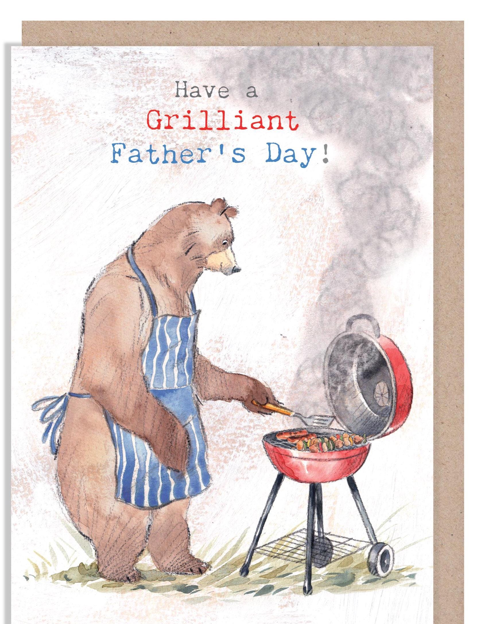 Fathers Day Card, Quality Greeting Card, Bear cooking on BBQ 'Hey Bear' range, Fun hand drawn Illustrations, made in UK, HBFD02
