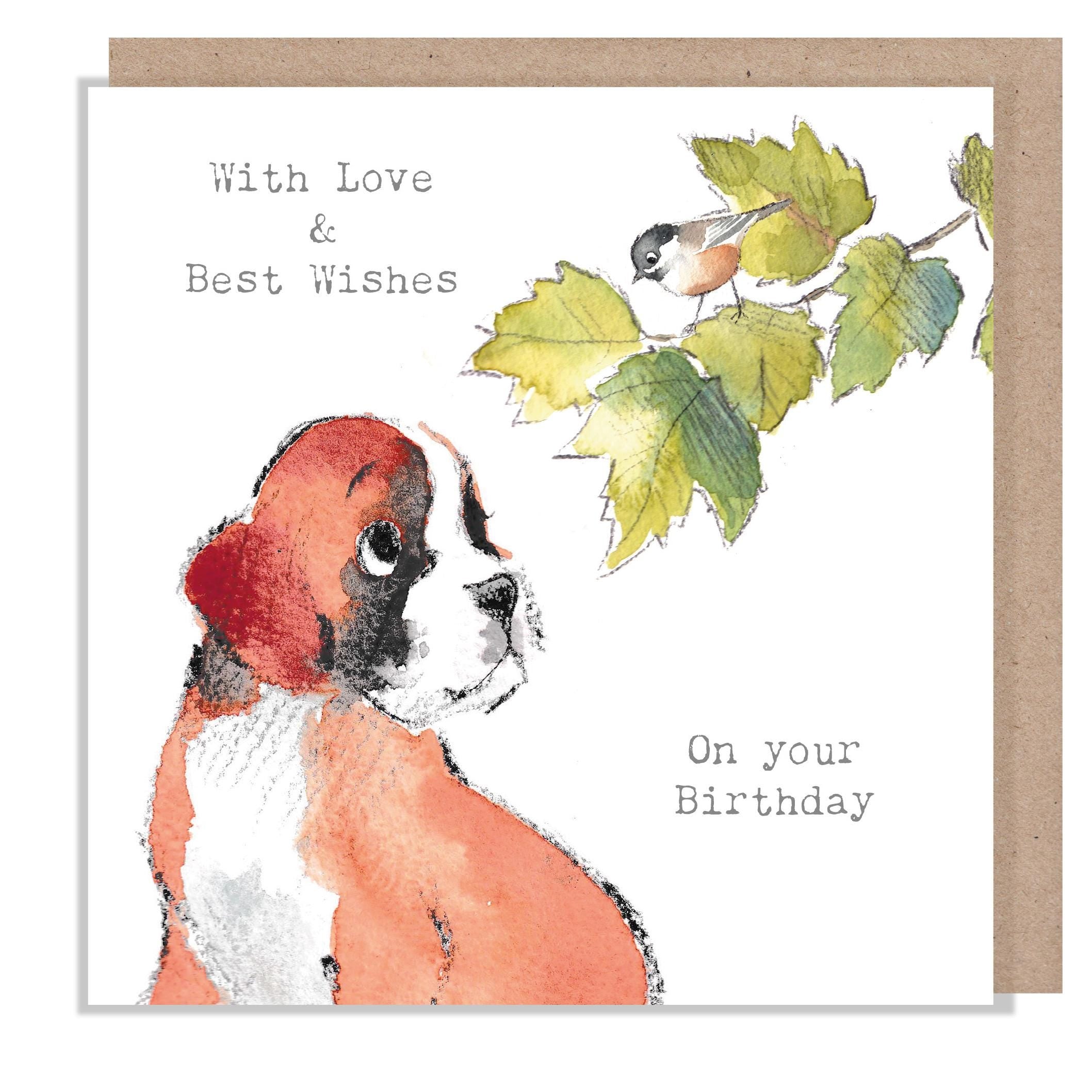 Birthday Card - Quality Greeting Card - Charming Dog illustration - 'Absolutely barking' range - Boxer with bird - Made in UK - ABE100