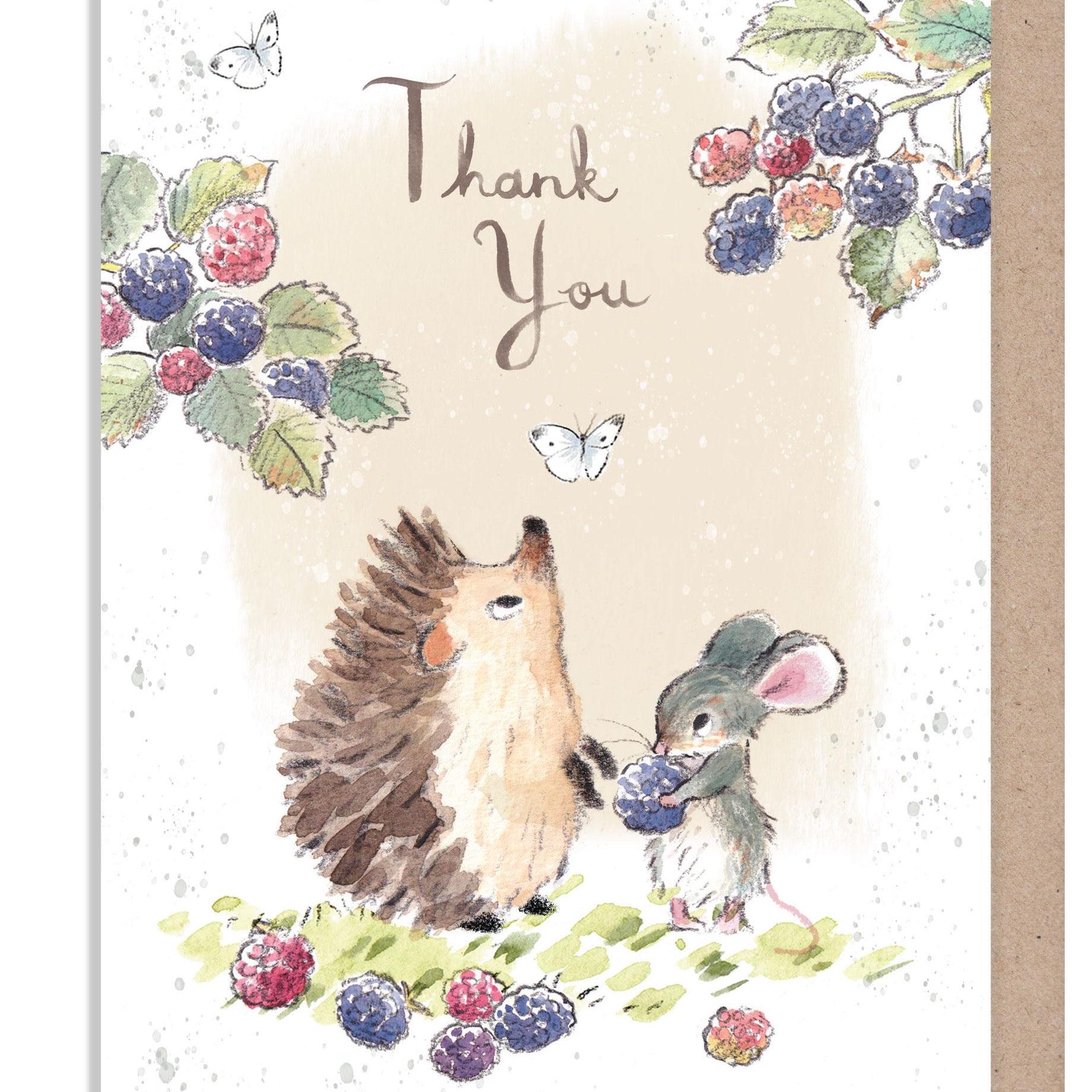 Thank you Card - Charming illustration - Hedgehog and Mouse with Blackberries - 'Morris and Maude' range - Made in UK -  MME018
