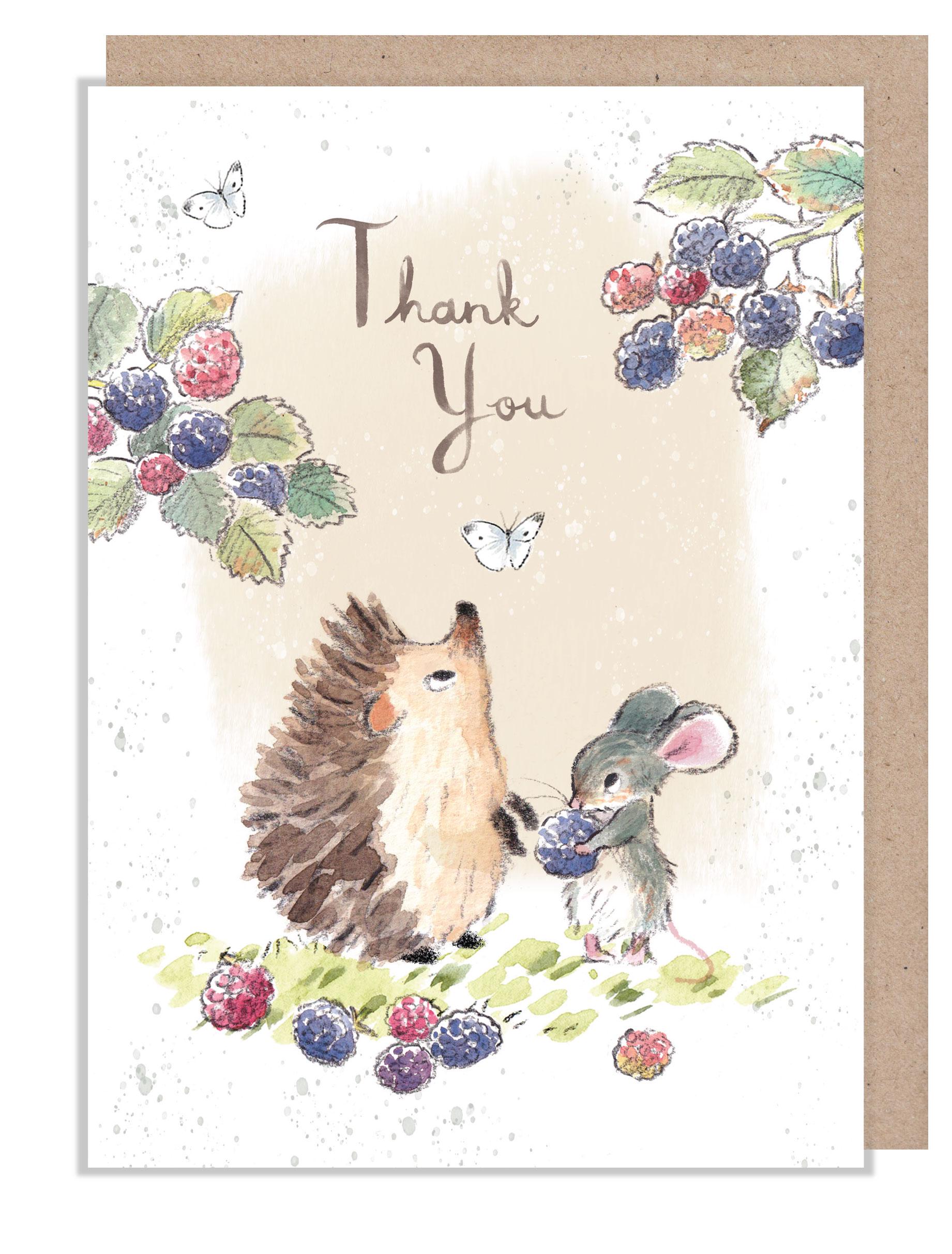 Thank you Card - Charming illustration - Hedgehog and Mouse with Blackberries - 'Morris and Maude' range - Made in UK -  MME018