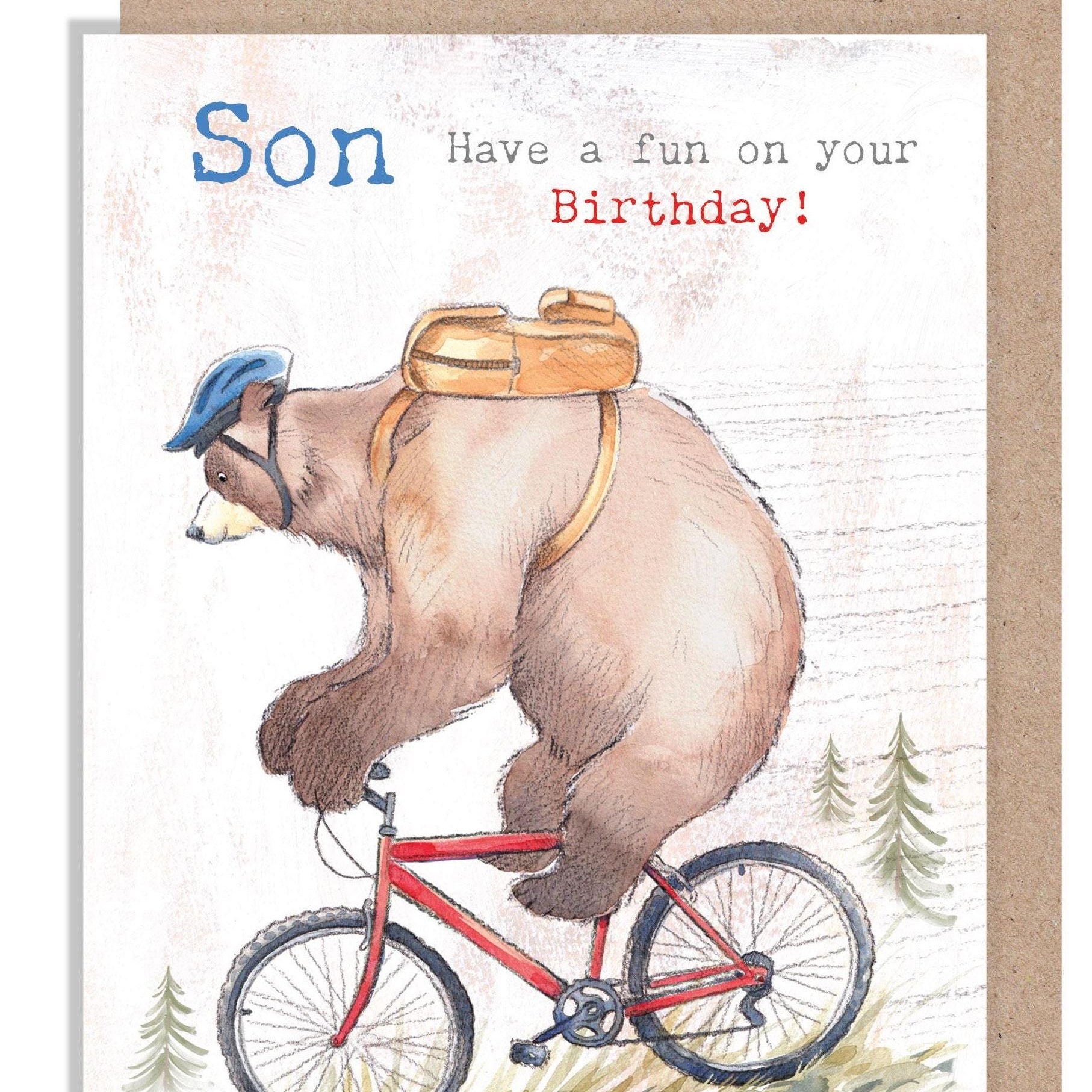 Son Birthday Card, Quality Greeting Card, Bear riding Bike 'Hey Bear' range, Fun hand drawn Illustrations, made in UK, HBE011