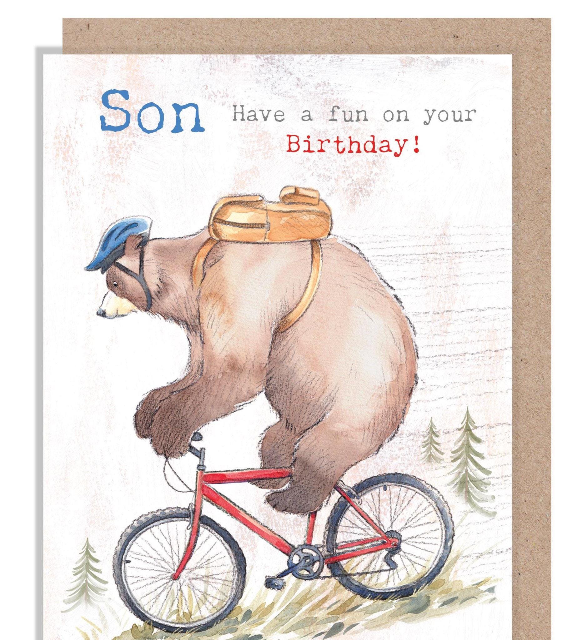 Son Birthday Card, Quality Greeting Card, Bear riding Bike 'Hey Bear' range, Fun hand drawn Illustrations, made in UK, HBE011