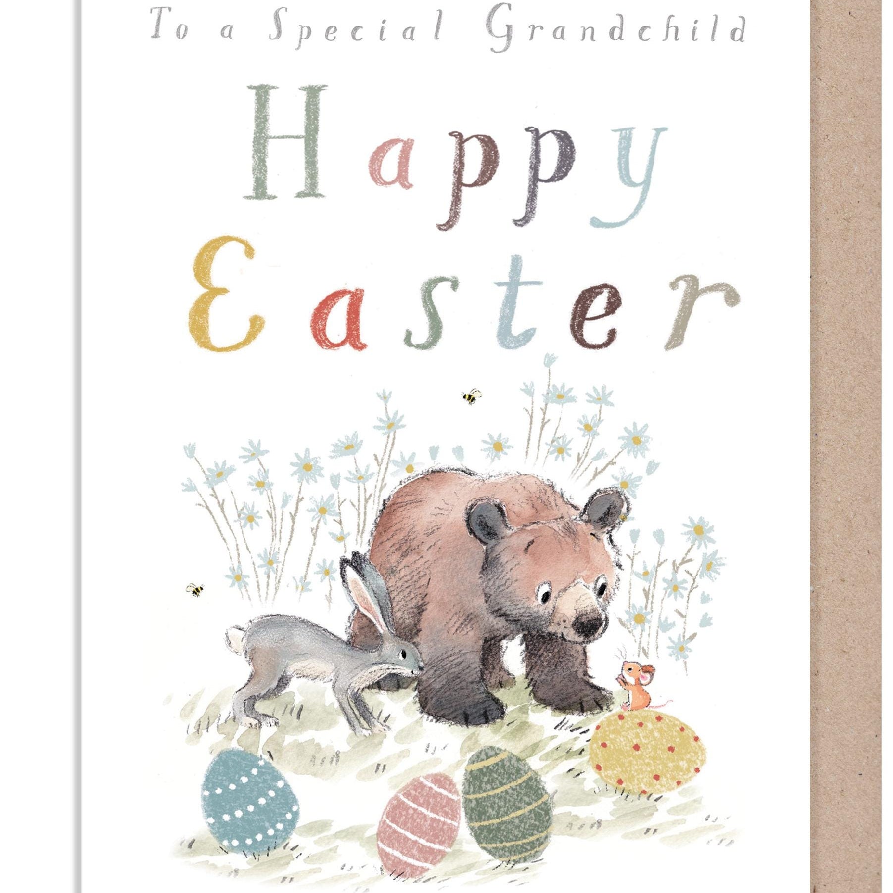 To a Special Grandchild - Easter Card, Quality Greeting Card, 'the Bear, the Hare & the Mouse', Charming Illustrations, made UK, BHMEASTER02