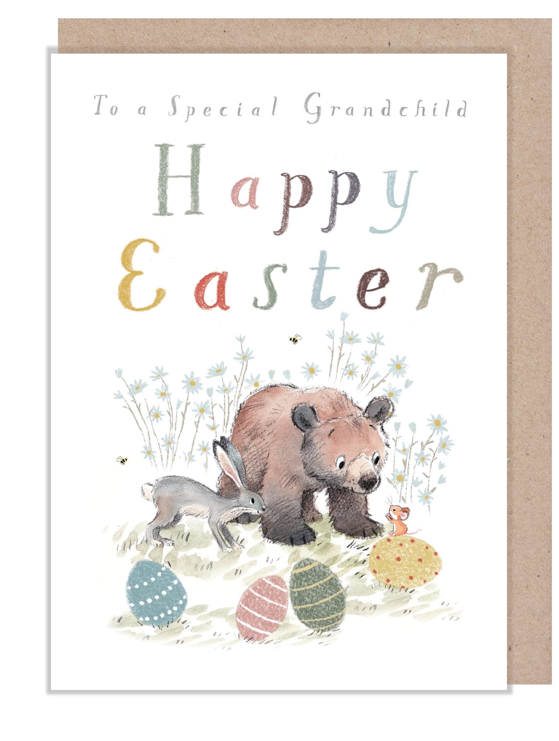 To a Special Grandchild - Easter Card, Quality Greeting Card, 'the Bear, the Hare & the Mouse', Charming Illustrations, made UK, BHMEASTER02