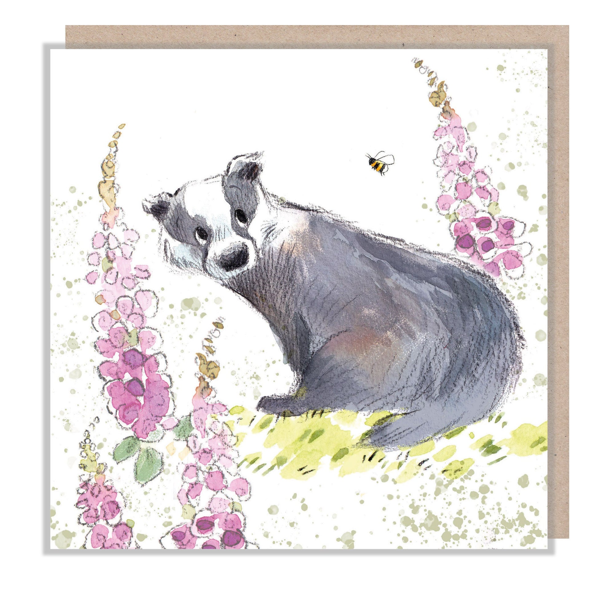 Badger Card - Quality Blank Card - Charming illustration - Badger with Foxgloves - 'Bucklebury Wood'  range - Made in UK -  BWE016