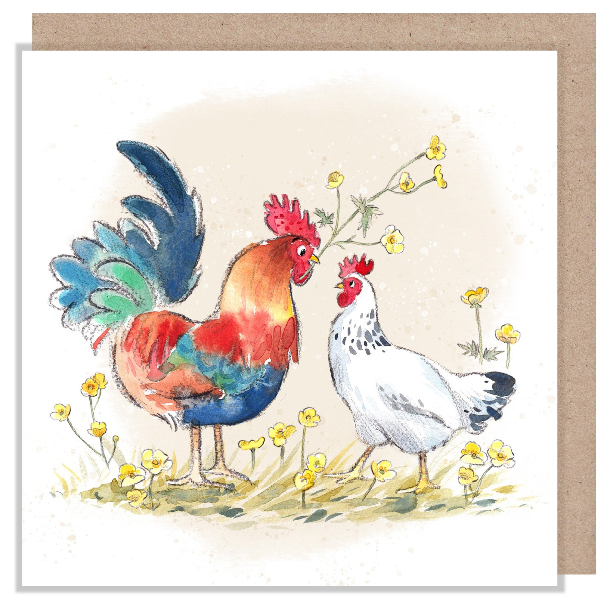 Blank Card - Quality Greeting Card - Charming illustration - 'Buttercup Farm' range - Cock and Hen - Made in UK -  BF07