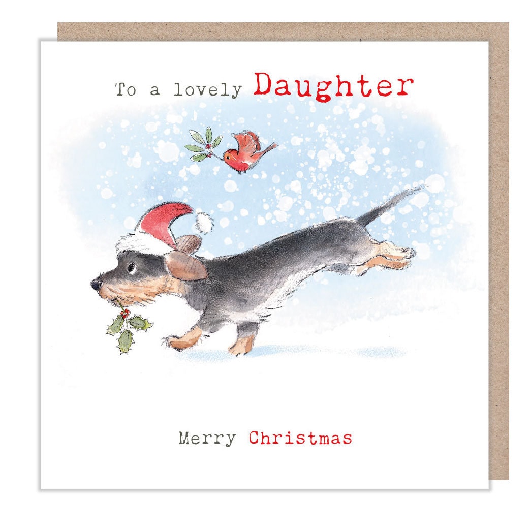 To a lovely Daughter - Quality Christmas Card - 150 x 150mm -  Charming Dog illustration - 'Absolutely barking' range - Made in UK -  ABX118