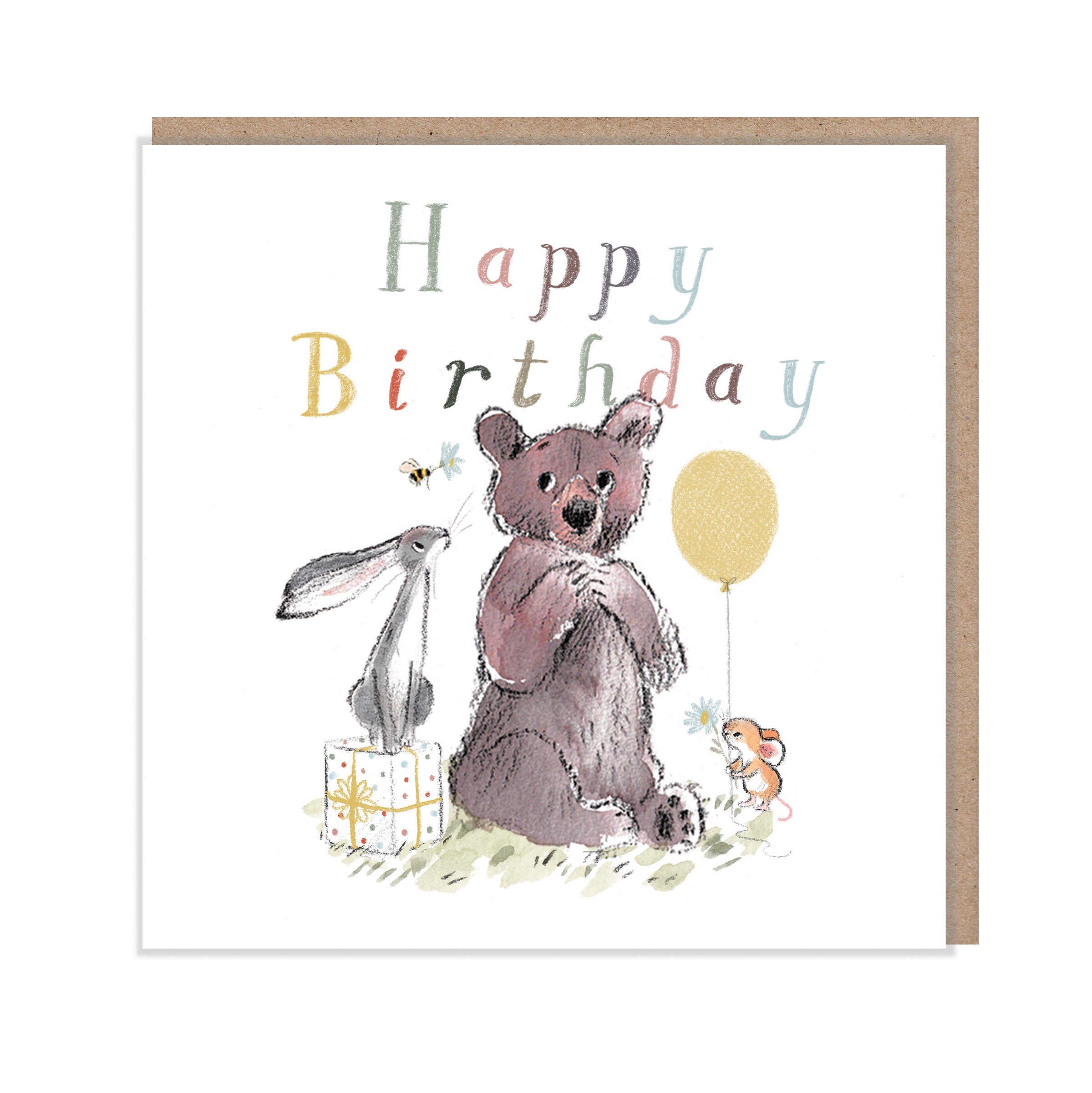 Happy Birthday, Quality Greeting Card, 'the Bear, the Hare, and the Mouse' , heart warming Illustrations, made in UK, no plastic, BHME03
