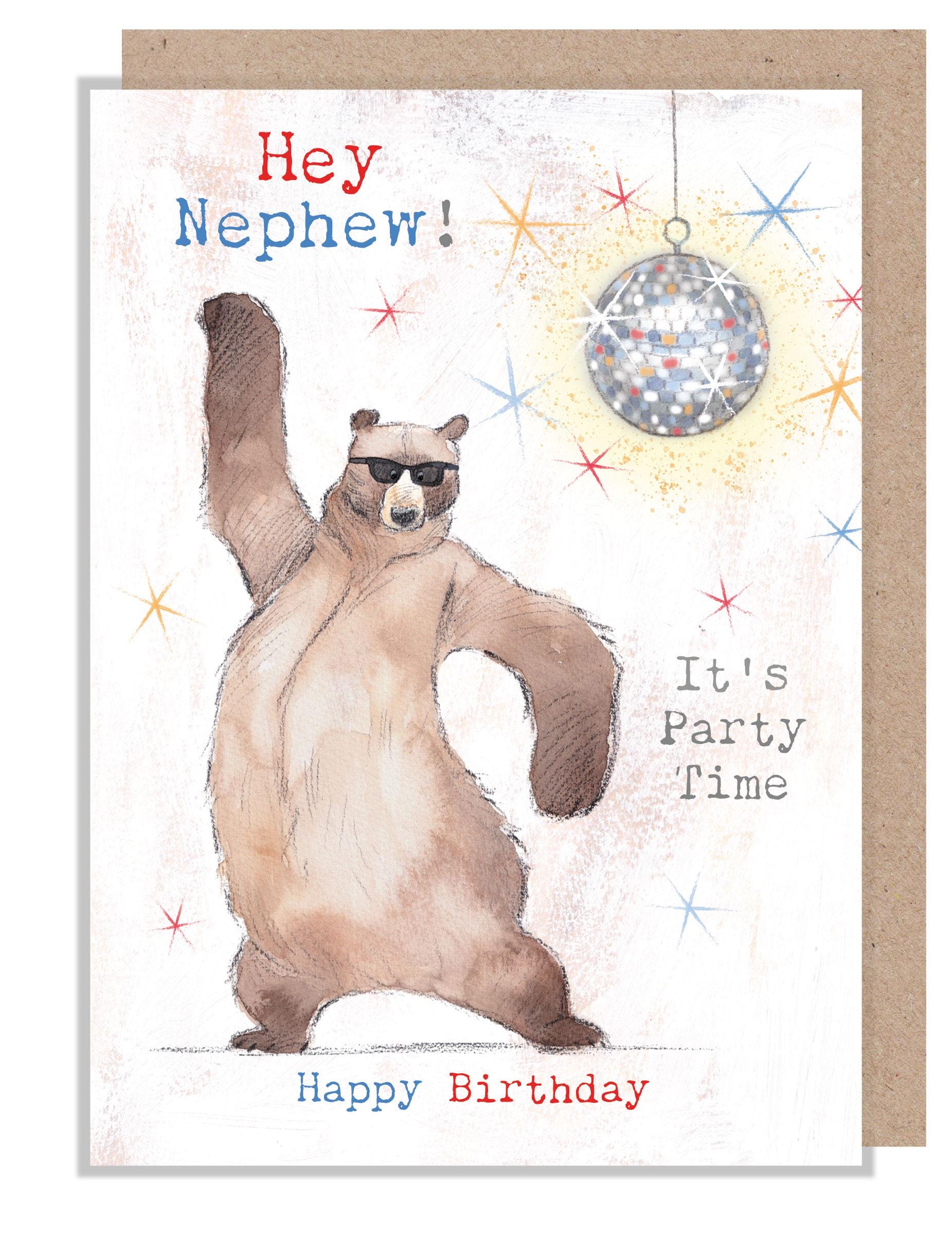 Nephew Birthday card, It's Party Time! , Bear dancing 'Hey Bear' range, Fun hand Drawn Illustrations, made in UK, HBE014