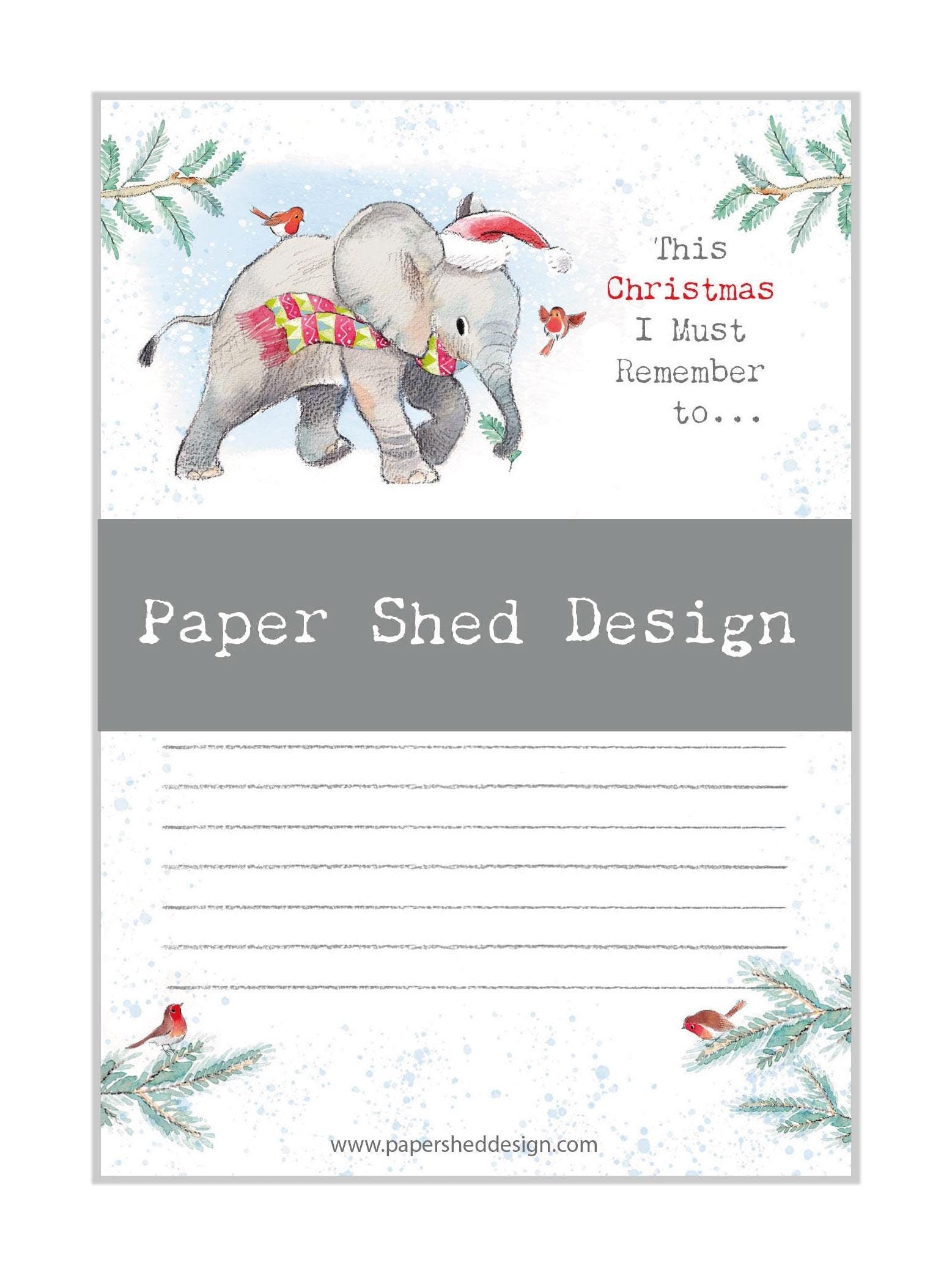 Christmas Notepad - A6 size - This Christmas I must remember - charming Elephant Illustration - made in the UK - XNOTE02
