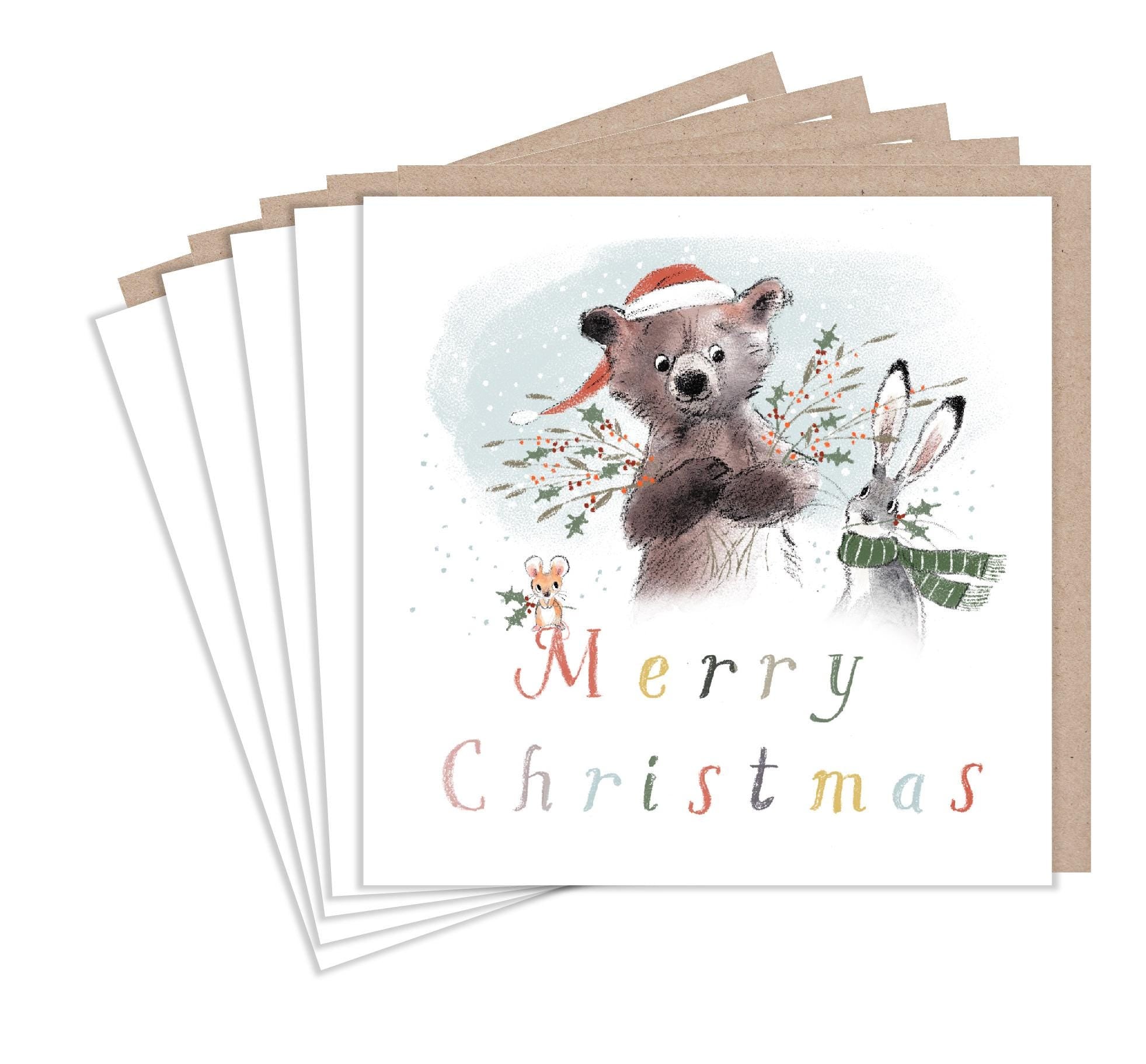 Christmas Card pack - 5 small quality cards with brown recycled envelopes -125 x 125mm-  one design - Bear, Hare and Mouse -  XPACK04