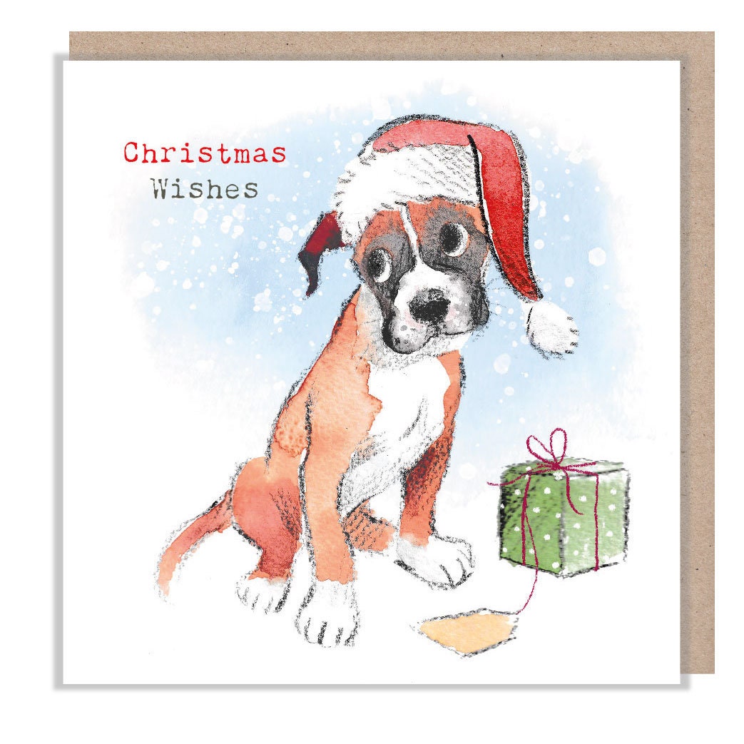 Christmas wishes - Quality Christmas Card - 150 x 150mm - Charming boxer illustration - 'Absolutely barking' range - Made in UK -  ABX0108