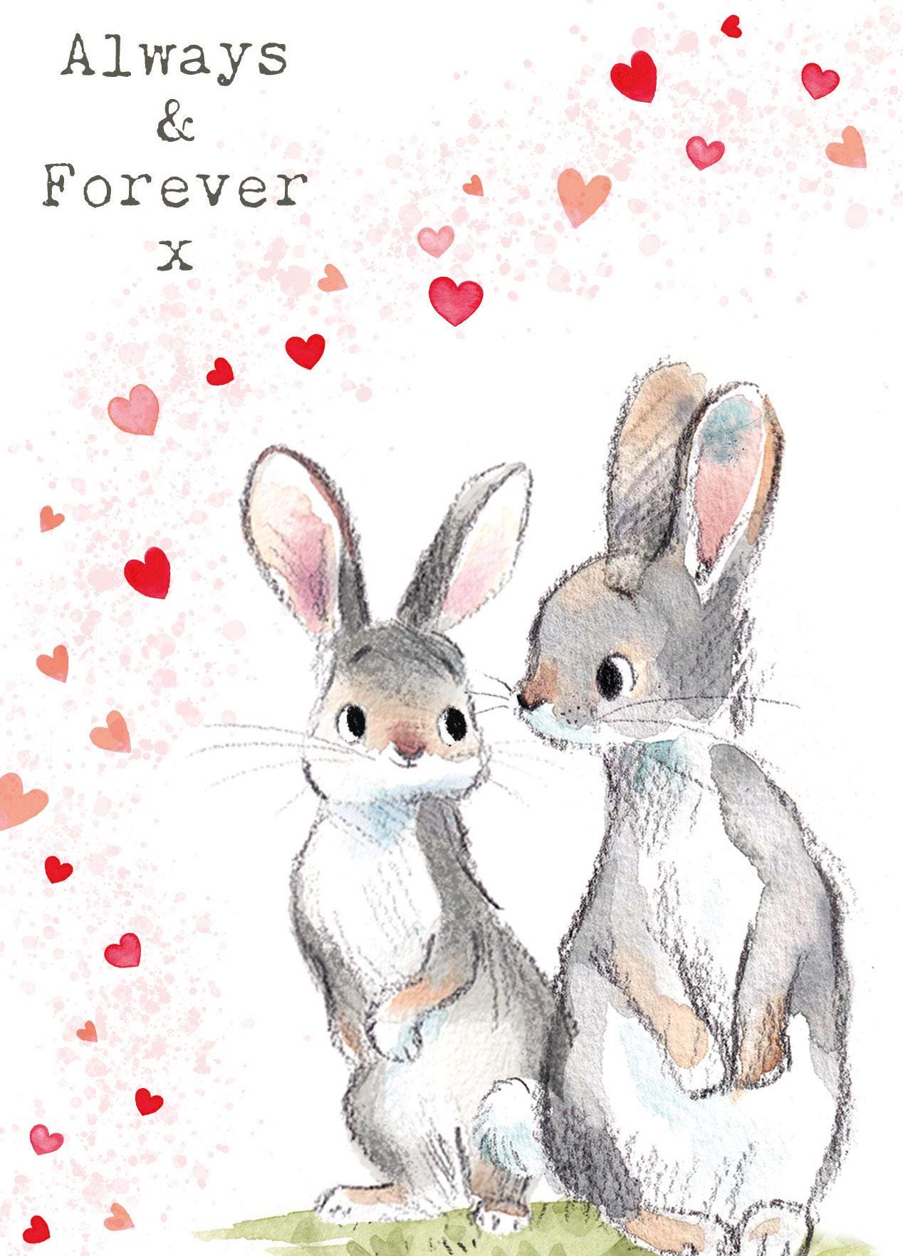 Valentines Card - Rabbits and Hearts Illustration BWVAL02