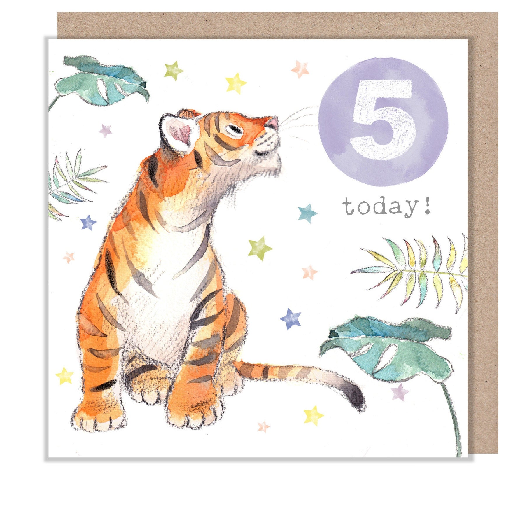 AGE 5 Birthday Card -  Charming illustration - Tiger,  'Party Time'  range - Made in UK -  PTAGE05