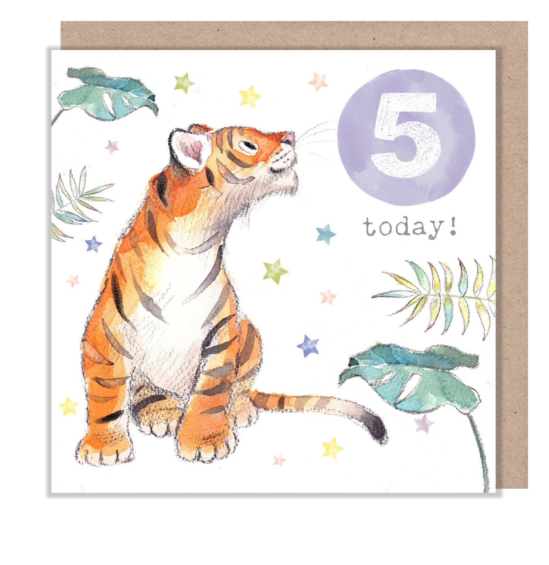 AGE 5 Birthday Card -  Charming illustration - Tiger,  'Party Time'  range - Made in UK -  PTAGE05